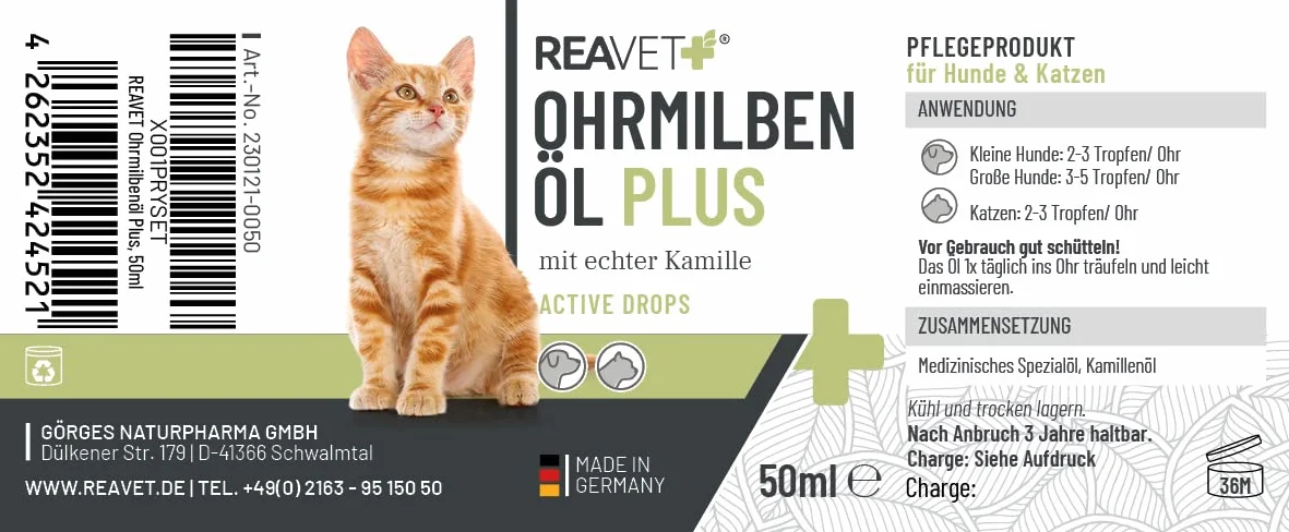 ReaVET Aceite para Ácaros de Oído Plus 50ml - Tratamiento rápido para Gatos contra ácaros de oído, con manzanilla, Alivia la picazón y Limpia Suavemente los oídos. Gotas para oídos y Limpiador