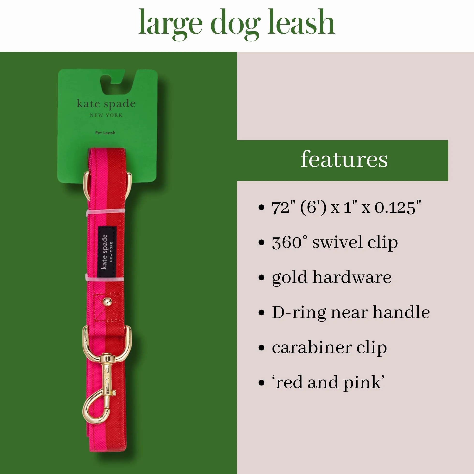Kate Spade New York Correa de perro de 6 pies, correa resistente para perros hembras o machos, bonita correa para mascotas con herrajes de metal dorado, correa larga para perros para razas medianas y
