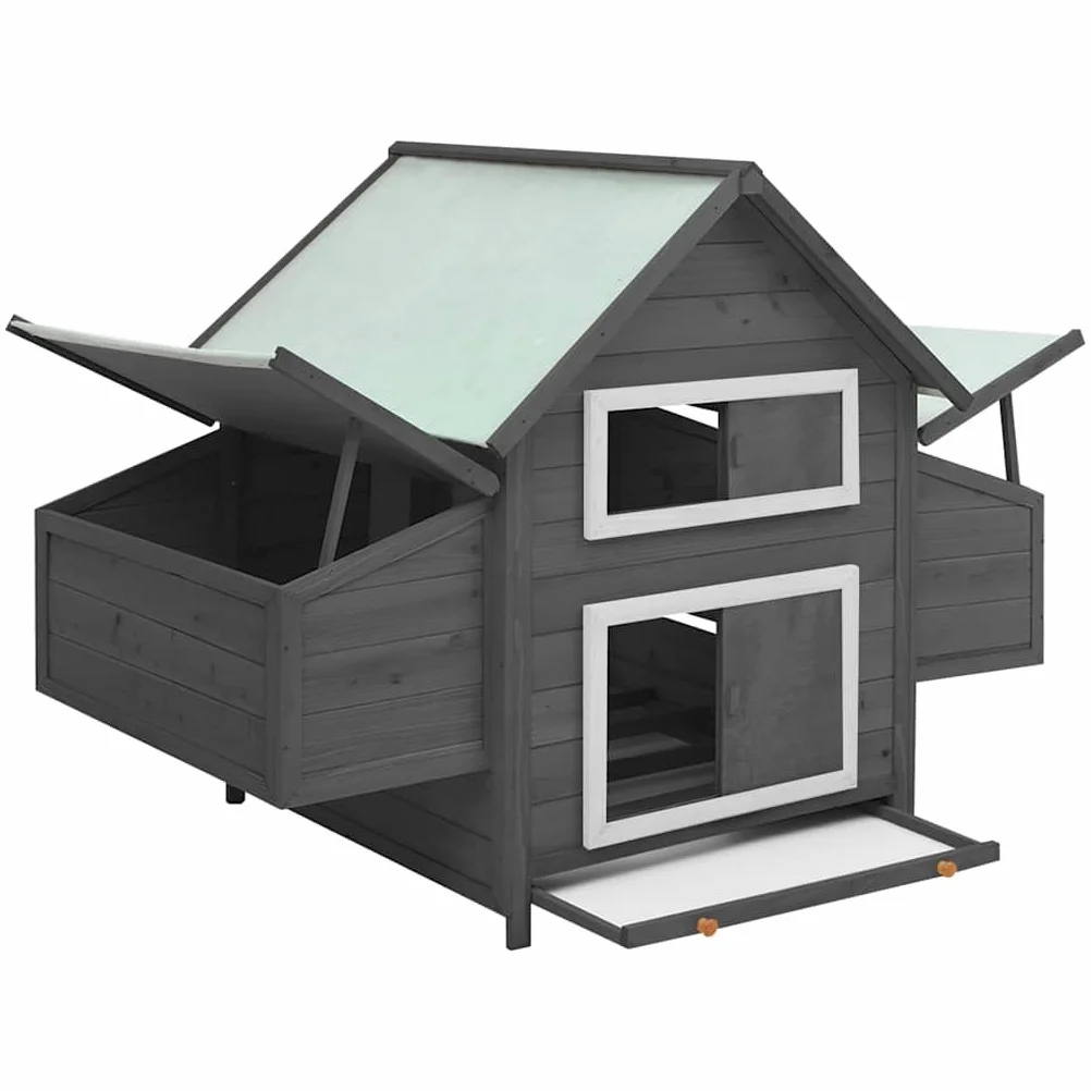 Gallinero de madera maciza de abeto, gallinero con 2 cajas nido y ventanas, gallinero para gallinas con bandeja extraíble para el suelo, gallinero 150 x 96 x 110 cm, gris y blanco