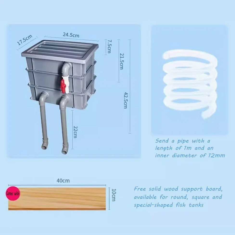 Filtro para Acuario, Caja De Goteo Externa con Cascada Y Flujo Ajustable, Sistema De Circulación De Agua para Pecera DIY, Bomba Y Material Filtrante No Incluidos. Gray 24.5x17.5x42.5cm