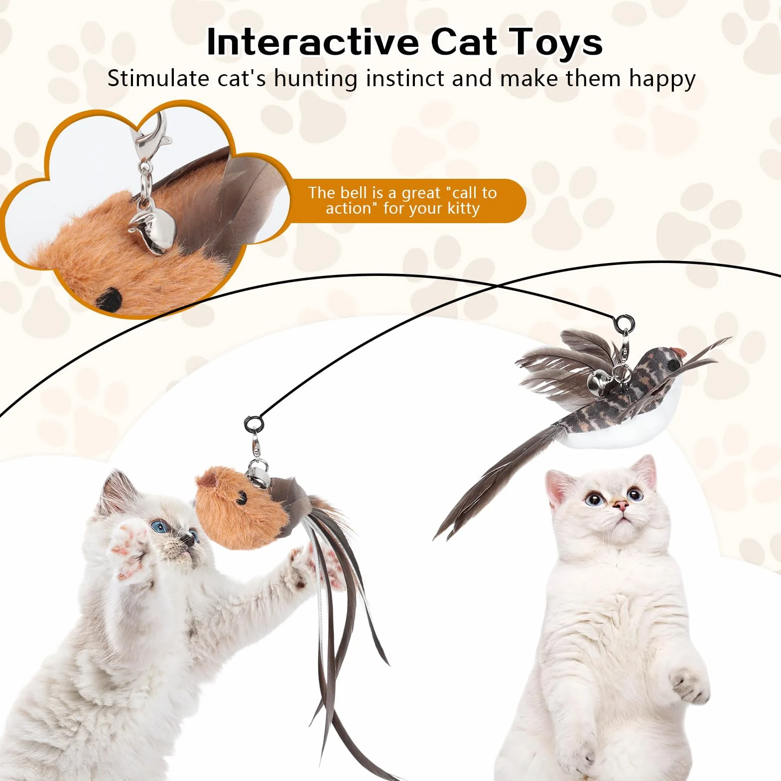 AiQInu 4 Piezas Juguetes para Gatos, Interactivo Juguete Gato con Ventosa, 1 Caña de Pescar para Gatos con 2 Campanas para Pájaros, Cat Toys Varita Mágica
