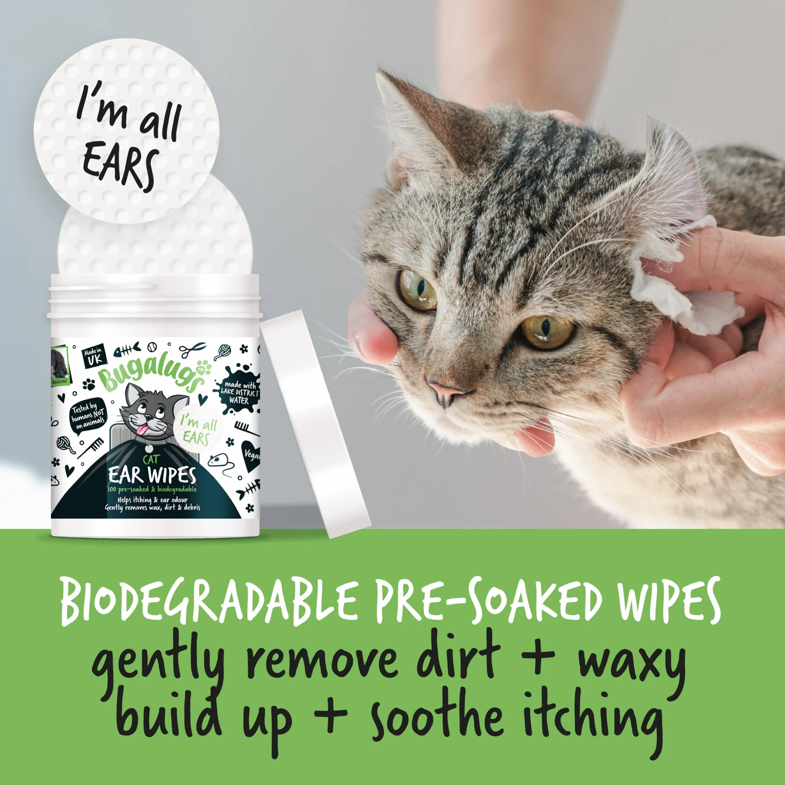 BUGALUGS - Toallitas Calmantes para Limpieza de Oídos de Gatos - 100 Unidades - Aloe Vera & Hamamelis - Control de Cera - Higiene Auricular - Alivio de Picor - Uso Diario - Fórmula Natural y Suave