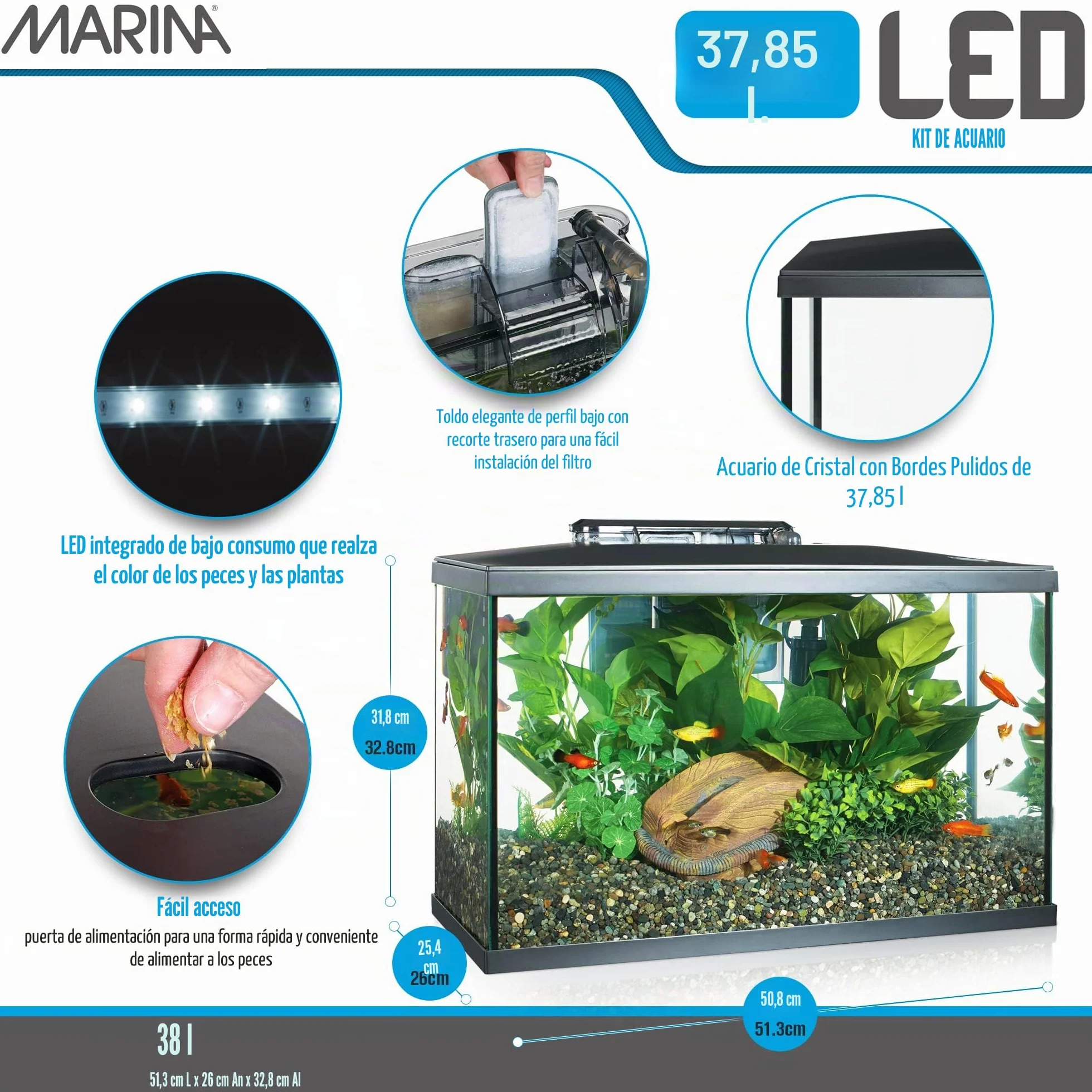 Marina 15256 - Kit de Acuario con Iluminación LED 10G, 38 L, Transparente