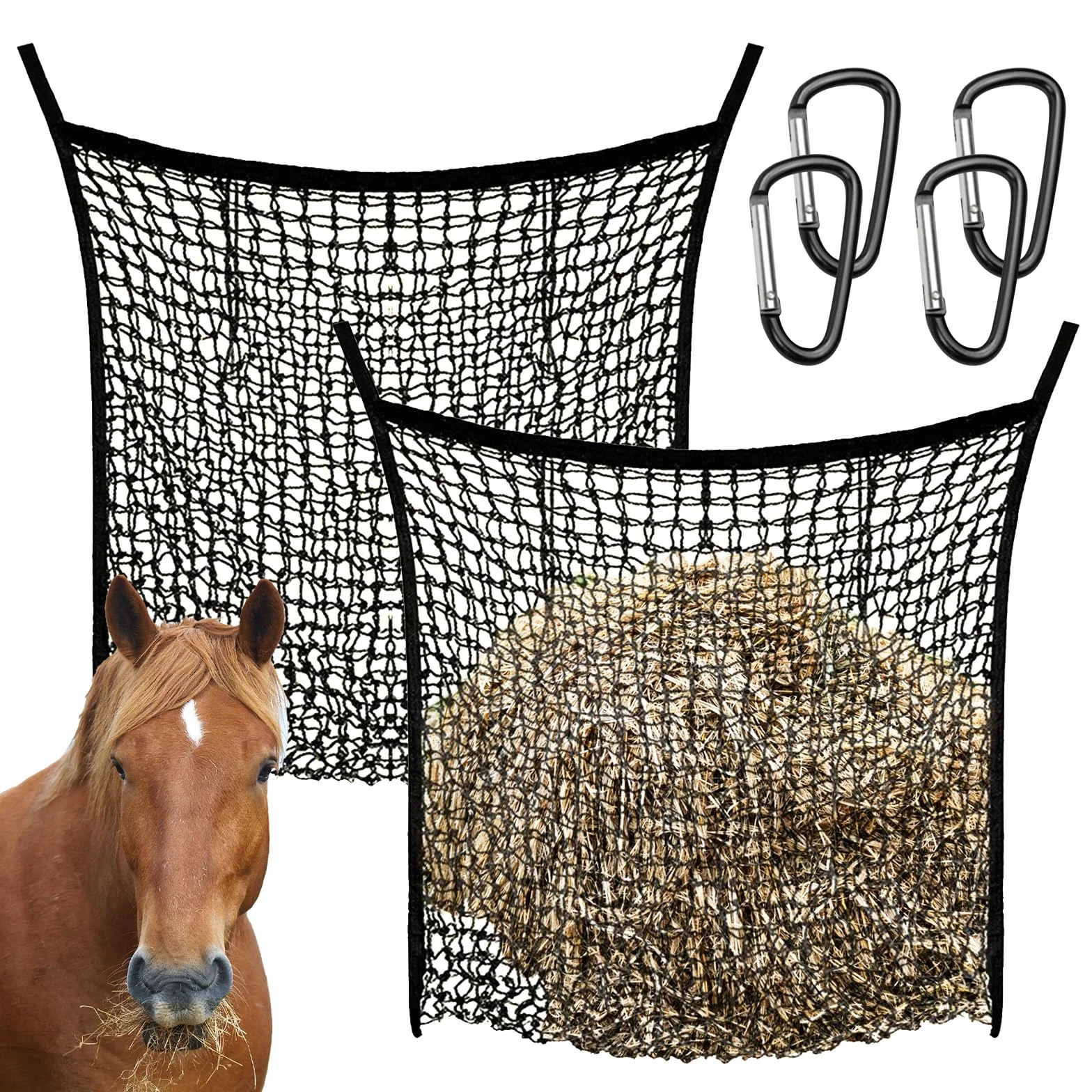 2 Piezas Redes Heno Para Caballos, 90X80 Cm, Red De Heno Grande Para Granja Con 4 Ganchos A PresióN Red De Heno De Malla Fina Negra Para Caballos Ganado Y Ovejas