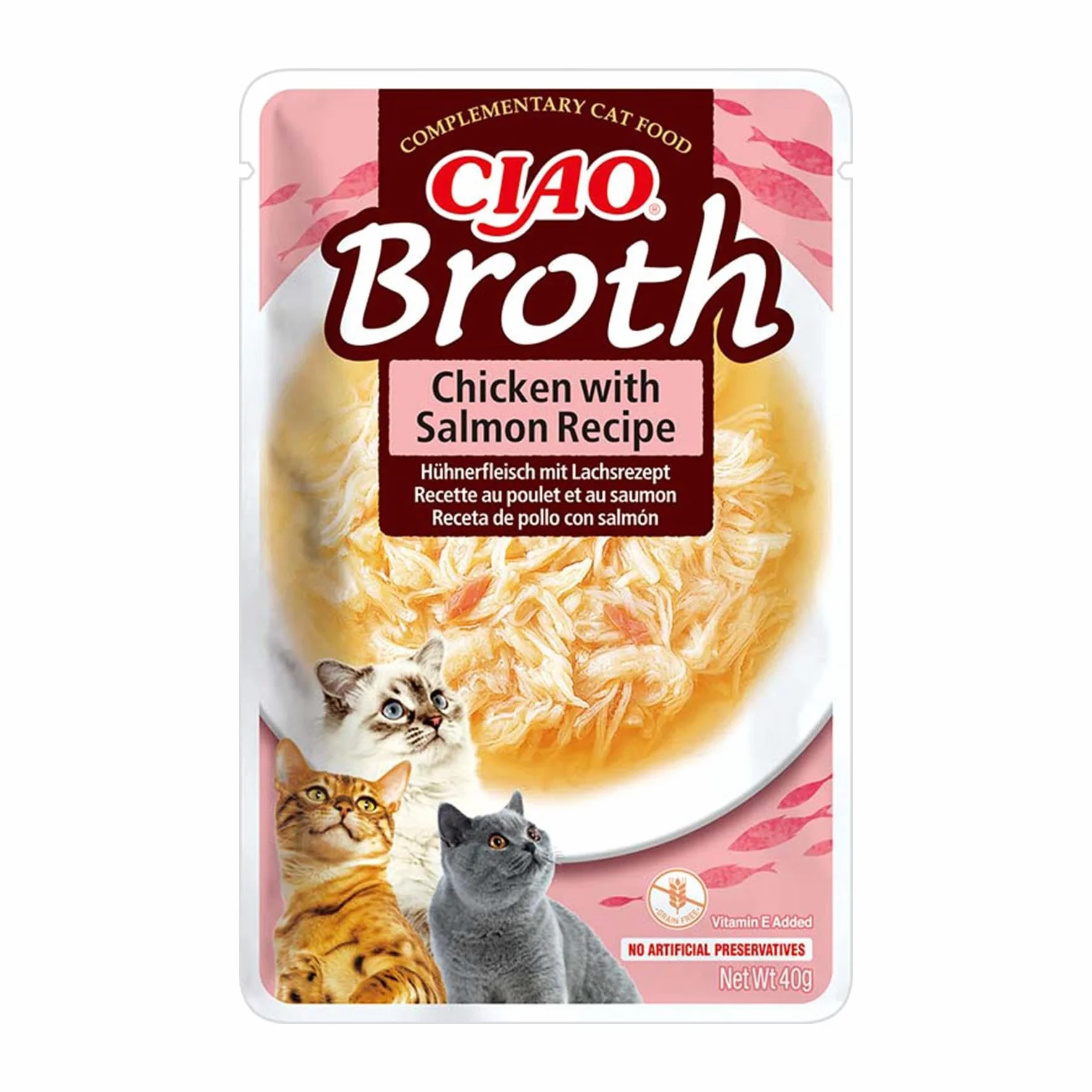 INABA Churu Broth Gatos - Snacks Receta Pollo y Salmón - Premios con Proteínas Animales - Caldo Sin Cereales, Sin Conservantes, Sin Colorantes - Sólo 16Cal - 480g (12 x 40g)