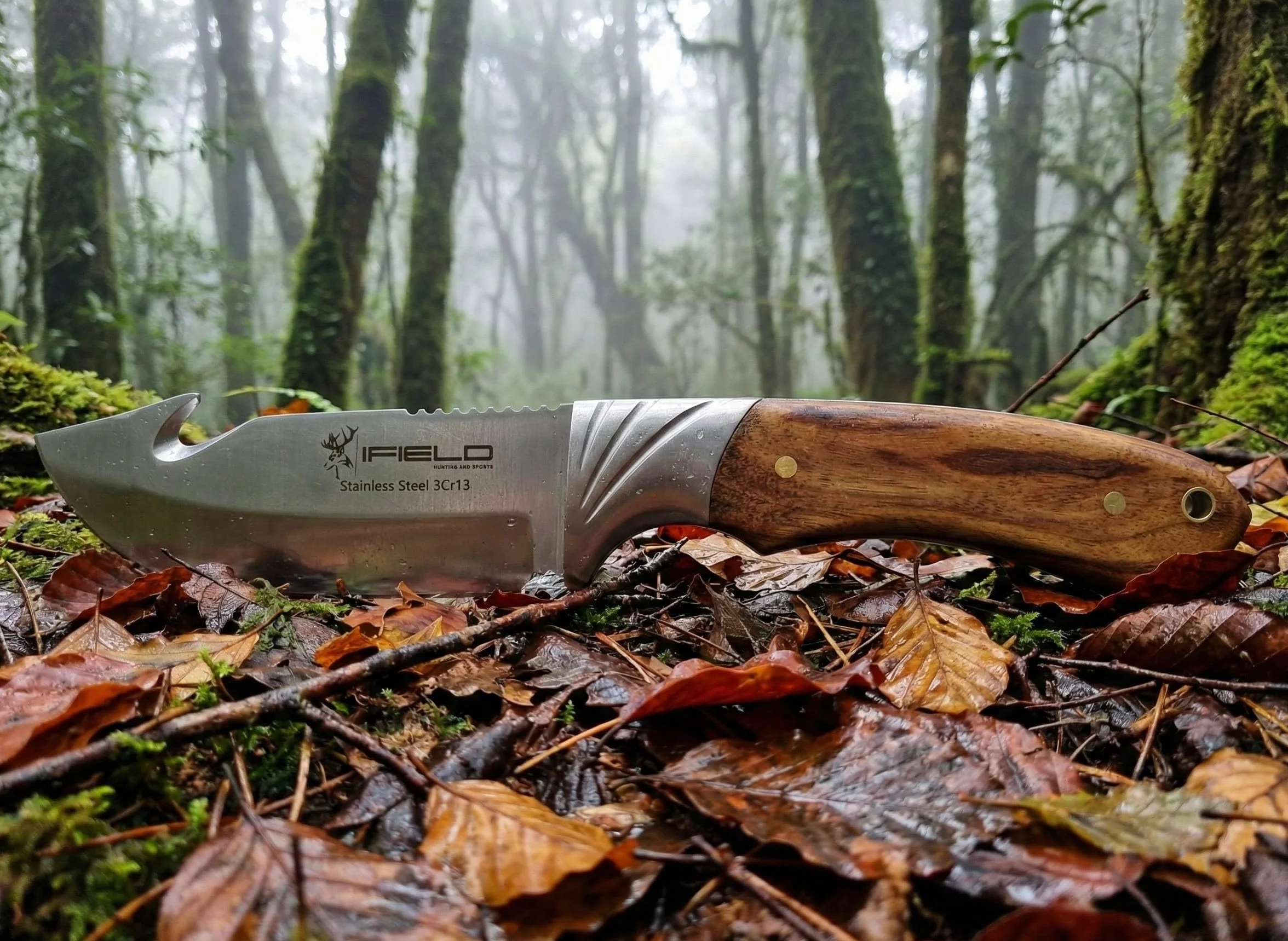 iFIELD Cuchillo desollador Camper EL29010, 22,5 cm, hoja 10,5 cm, 3,8 mm, mango de olivo, funda de piel marrón