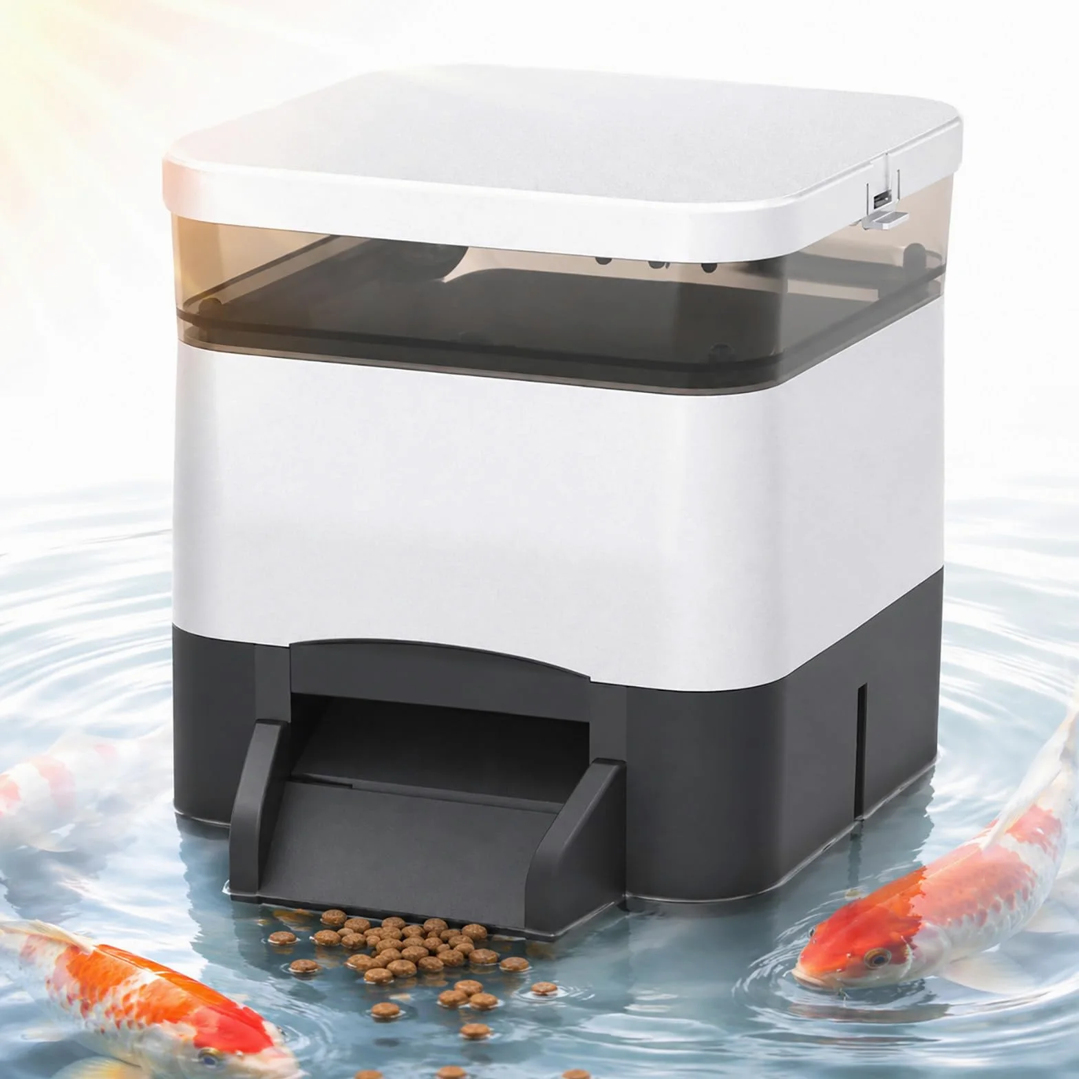 Dispensador Solar para Peces 4 L - Alimentador Automático para Estanque de Jardín y Koi Silver