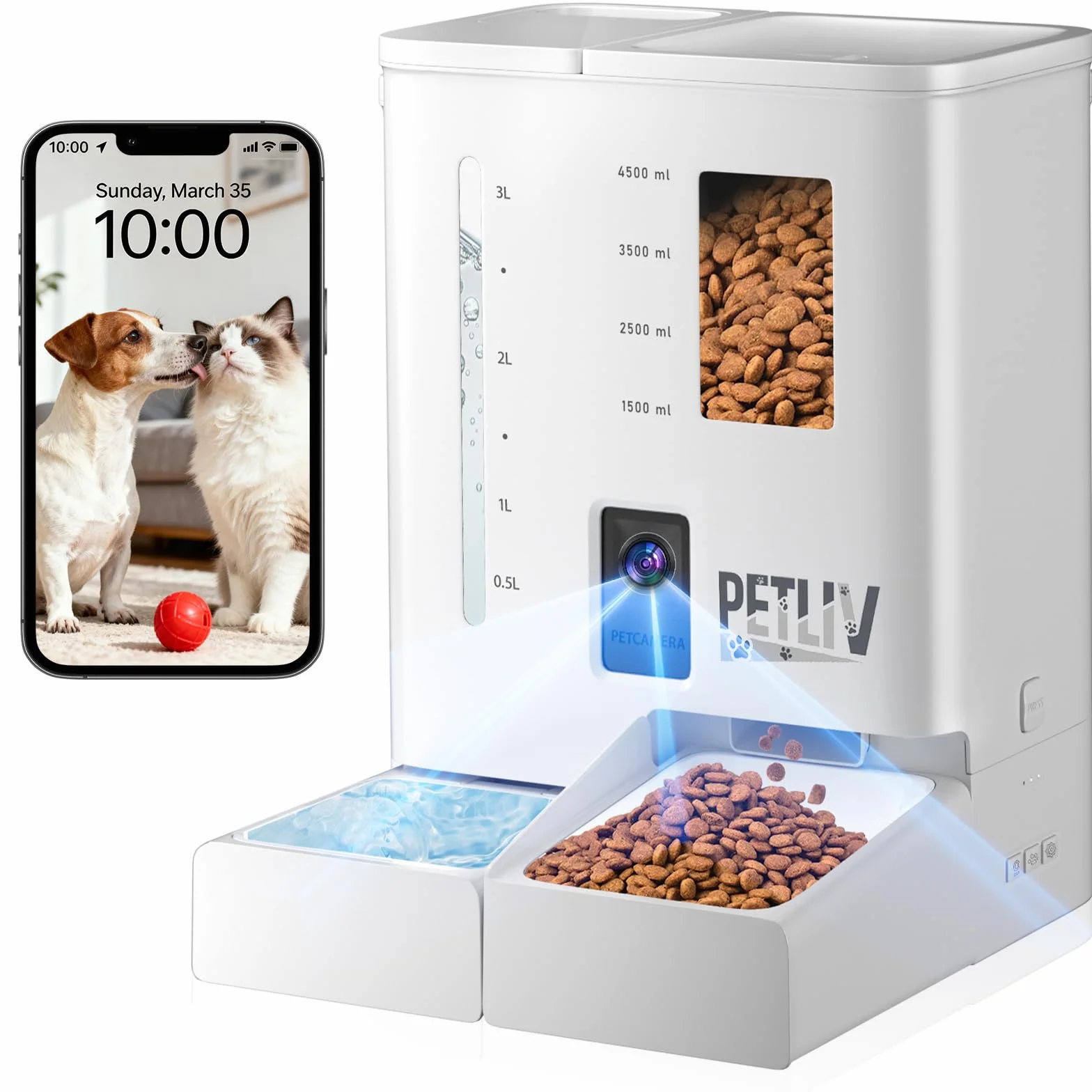 Comedero Automático para Gatos con Cámara 2K HD Visión Nocturna, WiFi 2,4G/5G Control por App, Audio Bidireccional Anti Atascos, Doble Alimentación, Depósito 5L Comida y 4L Agua