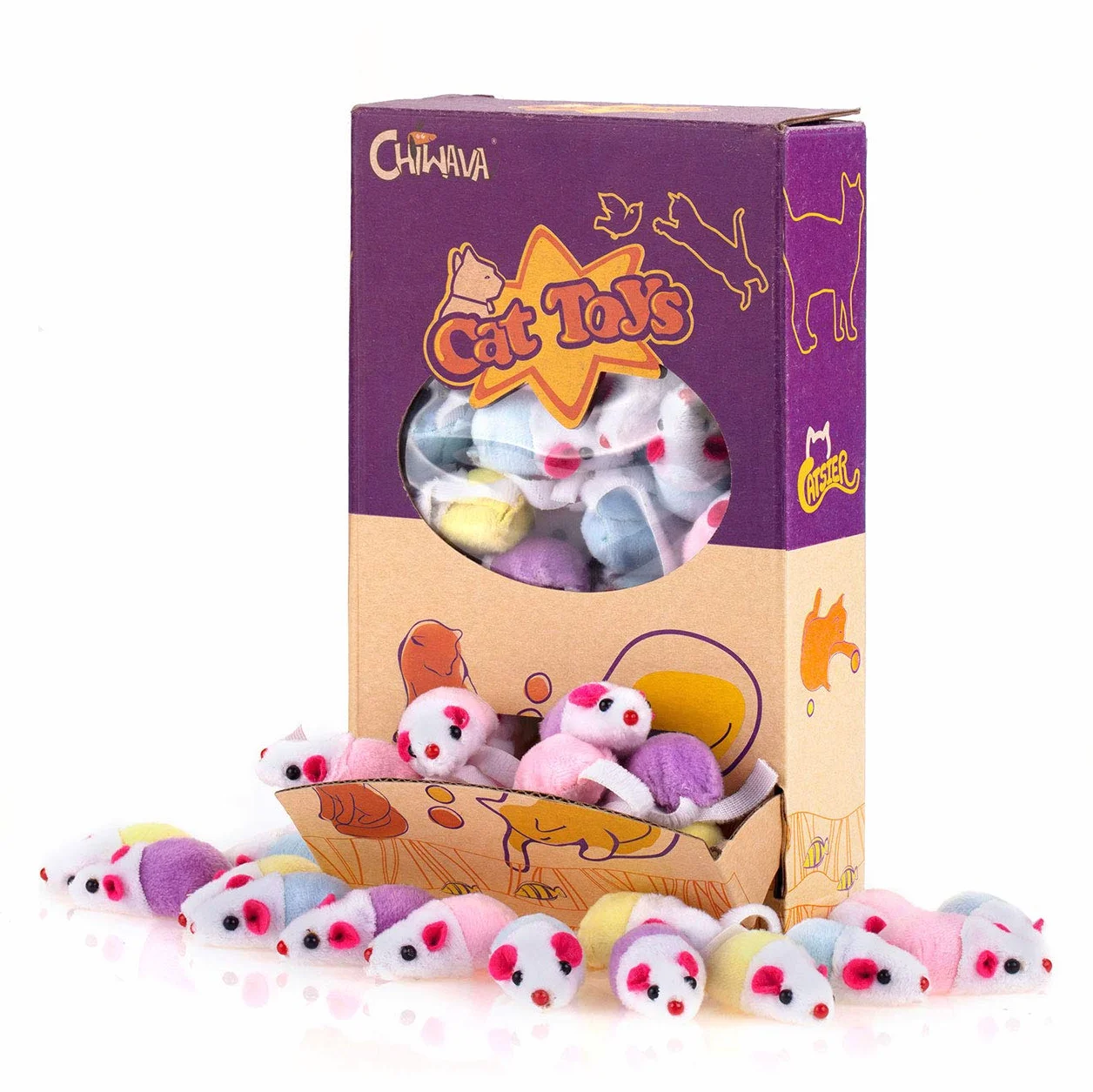 Chiwava 36 Piezas 11,5 cm Juguetes para Gatos Pequeño traqueteo Ratones Lindo Color Doble pequeño Ratón Gato Gatito Interactivo, Colores Variados
