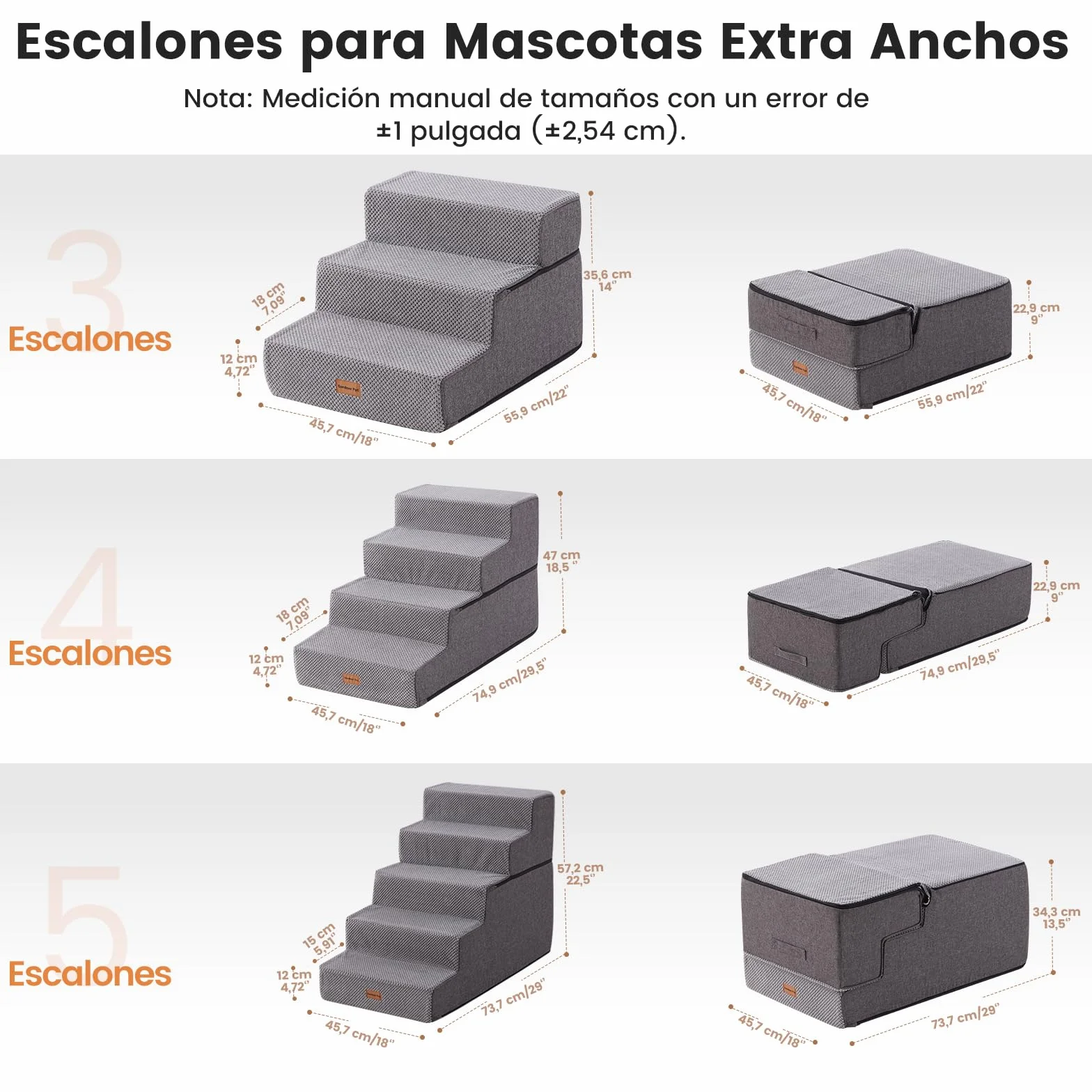 Gardner Pet Escalera para Perros Grade 3 de Espuma de Alta Densidad, 58 cm de Ancho, con Funda extraíble, Antideslizante, facilita el Acceso de Las Mascotas a sofás y Camas - Gris