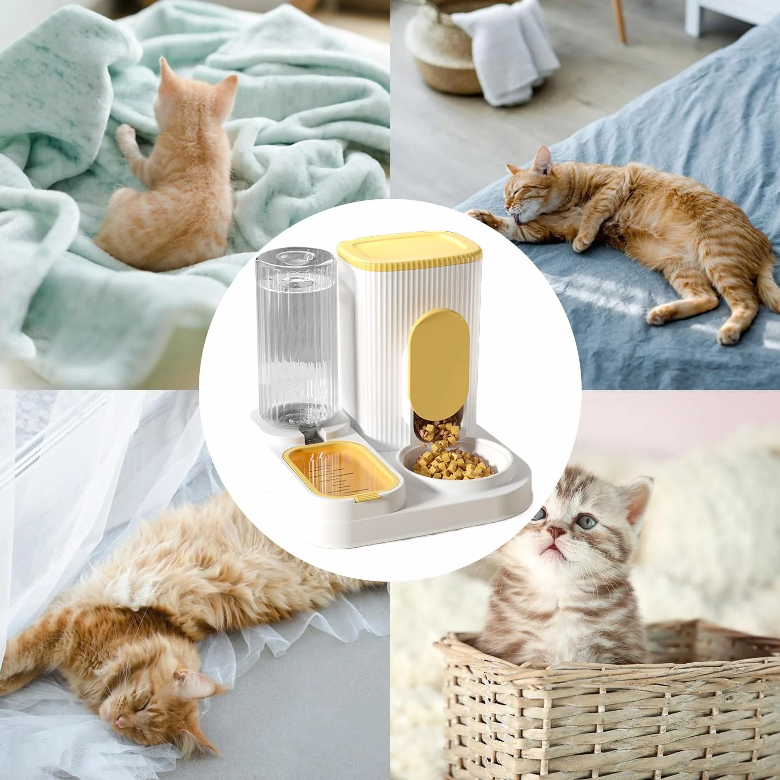 comedero automático para Gatos, Comedero 2 en 1 de Gran Capacidad con Cuenco extraíble for Razas pequeñas, Medianas y Grandes(Yellow)