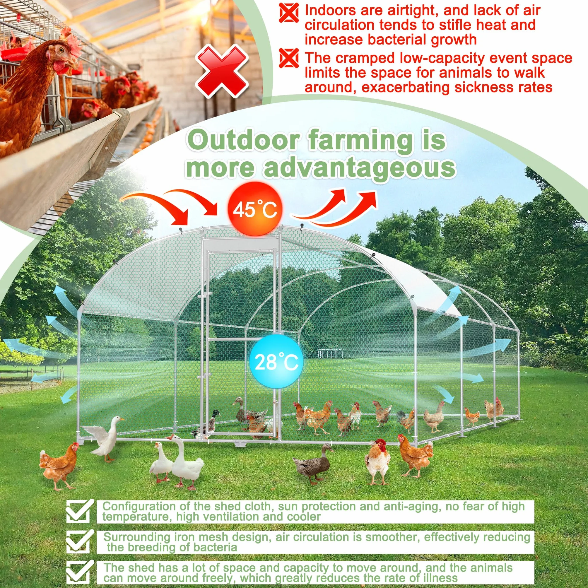 Jaula para gallinas y gallinero, de metal galvanizado, 3 x 8 m, resistente al invierno, con techo solar y cerradura, para animales pequeños y aves de corral