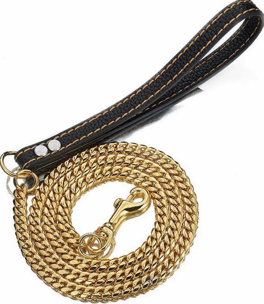 Correa de Perro para Mascota, Resistente, Larga, 61 cm, 91 cm, 122 cm, Metal de Oro de 18 Quilates, Cadena Cubana de 12 mm, con cómodo Mango de Piel auténtica