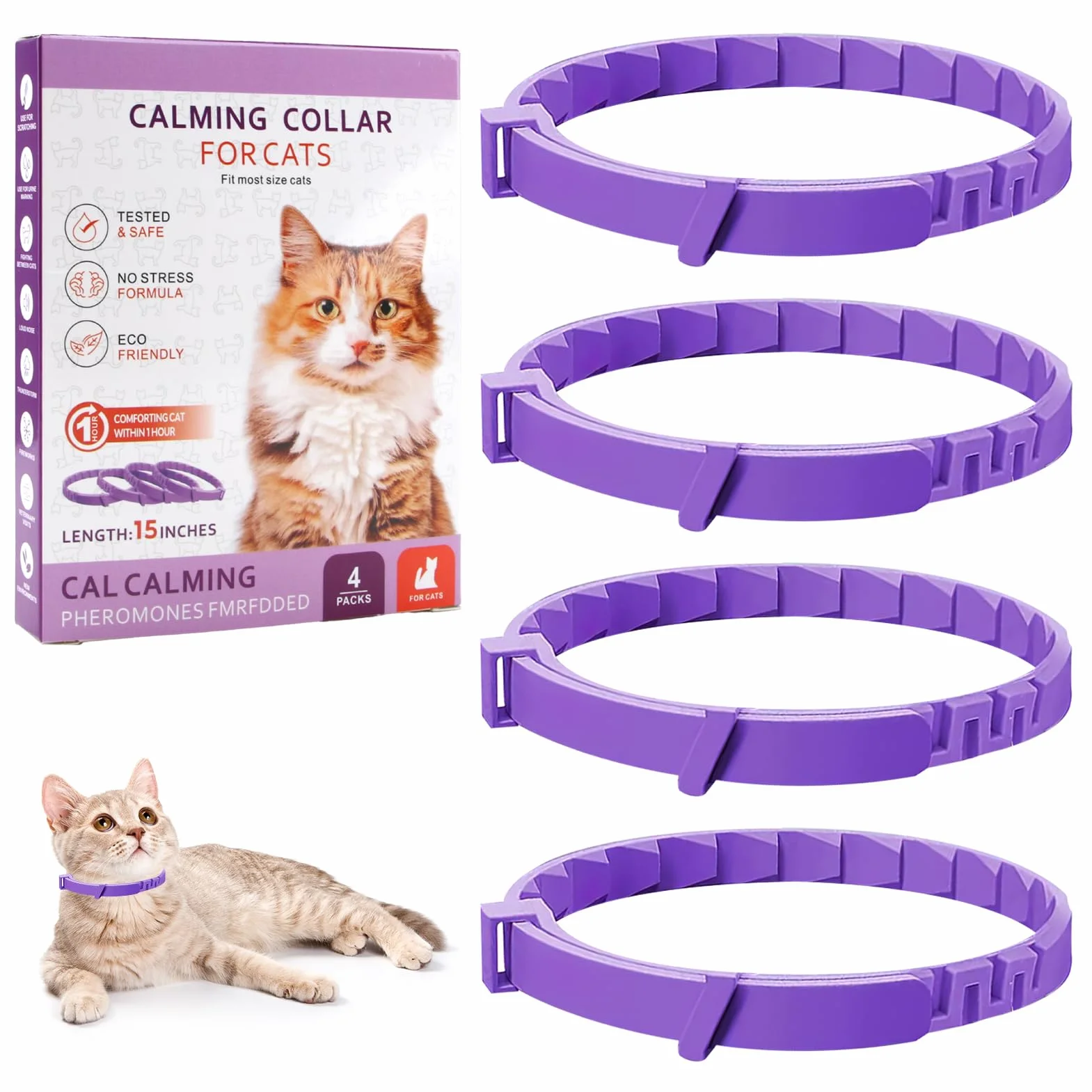 Collar calmante para gatos de 4 piezas, antiestrés natural con feromonas, color púrpura, talla ajustable y efecto 30 días, para gatitos y gatos adultos