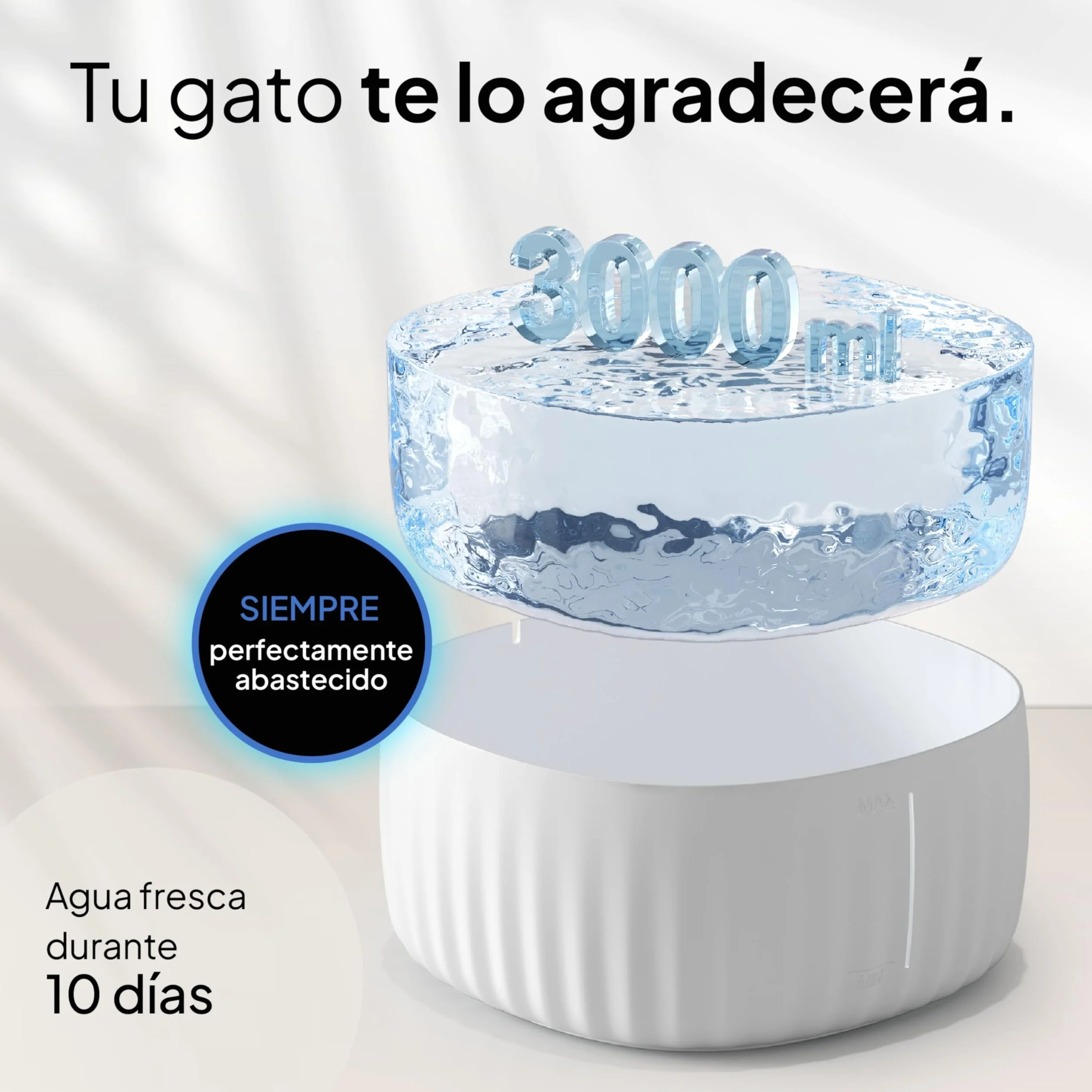 Pretty Paw Fuente de Agua para Gatos 3L con Indicador LED MIN/MAX - Funcionamiento Silencioso y Fácil Limpieza, Bebedero Automático con Filtro para Interior - Aquaflow (Blanco)