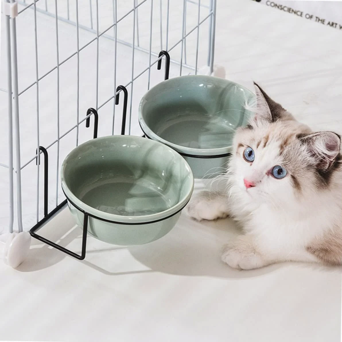 Cuenco colgante para mascotas, comedero de agua y alimentos para perros y gatos pequeños, diseño de cerámica para perreras y jaulas, recipiente conveniente para mascotas