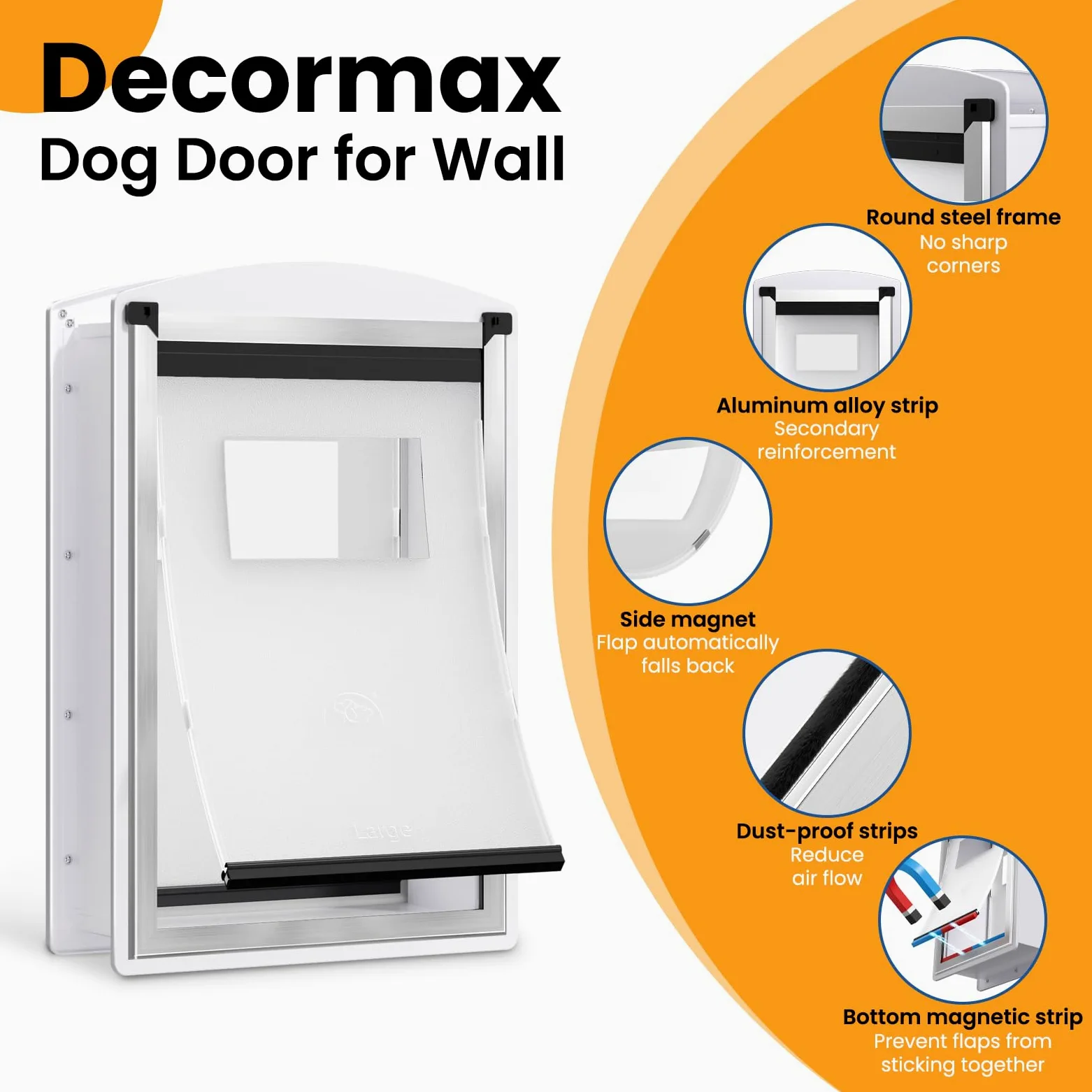 Cat Door for Wall, Energy Efficient Pet Door with Steel Frame, Telescoping Tunnel, Double Magnetic Flaps and Two Sliding Lock Panels, Easy to Install, Milky White, Small | Marco de acero, túnel telescópico, solapas magnéticas dobles, 2 paneles de bloqueo