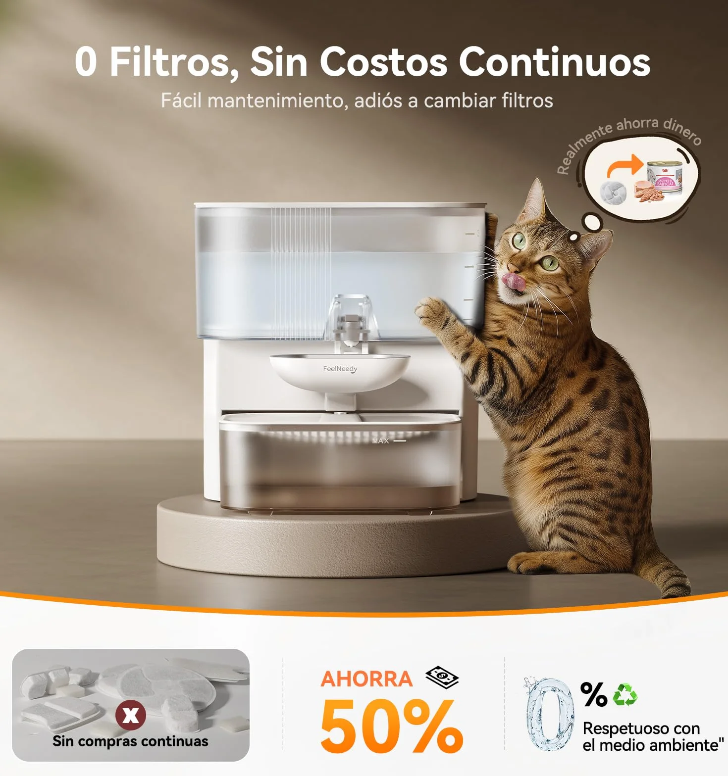 FEELNEEDY Fuente para Gatos Sin Filtro e Inalámbrica con Batería 2000mAh, Separa el Agua Limpia del Agua Usada, Cuenco de Acero Inoxidable, Bebedero Gatos Sin Cable 3,5L, Blanca