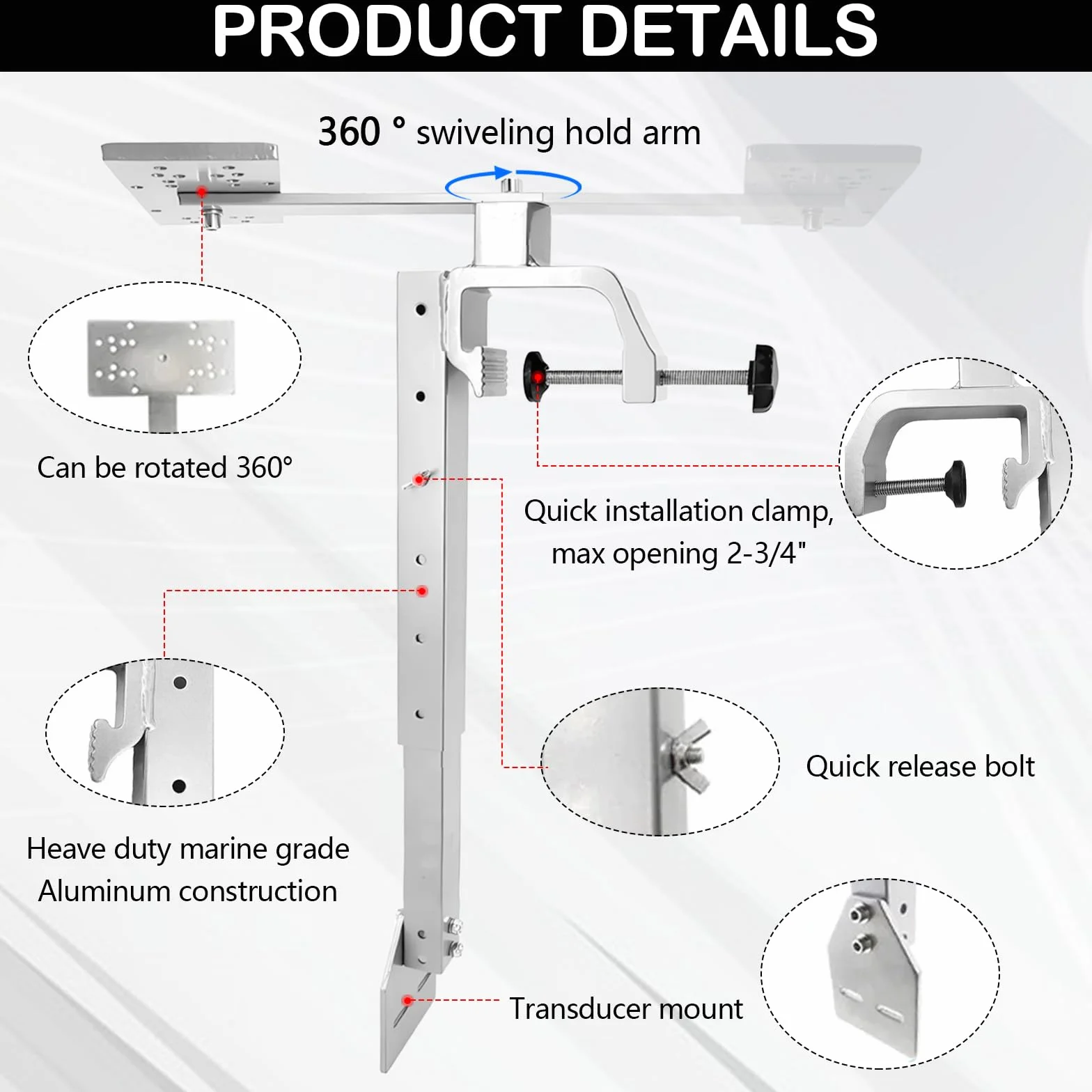 Soporte para Sonda de Pesca, Soporte de Aluminio Giratorio 360° Resistente a la Corrosión, Altura 36-59cm
