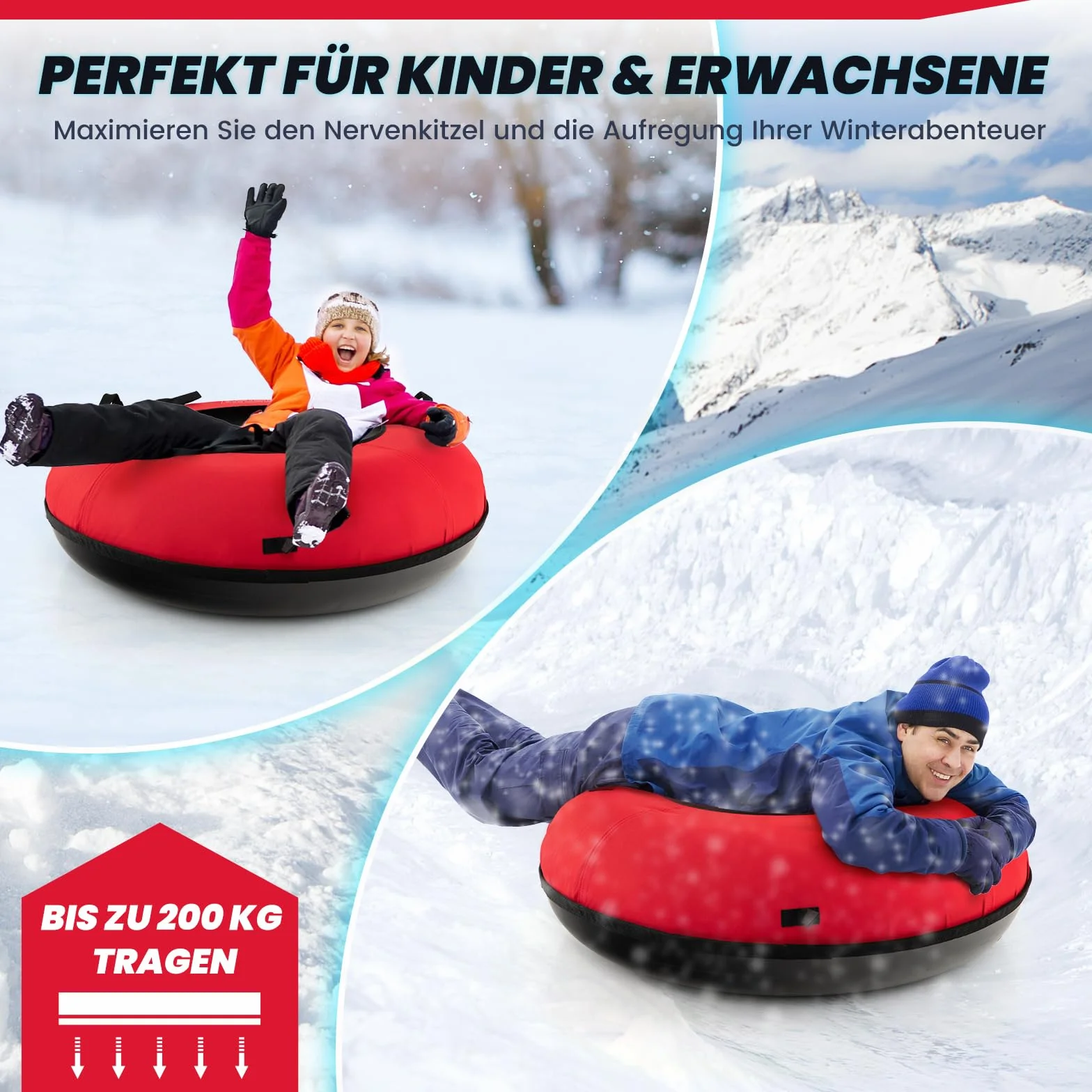 GOPLUS Trineo inflable 100 cm neumáticos de nieve con correa asiento acolchado tubo de nieve tela oxford 200 kg antideslizante para niños