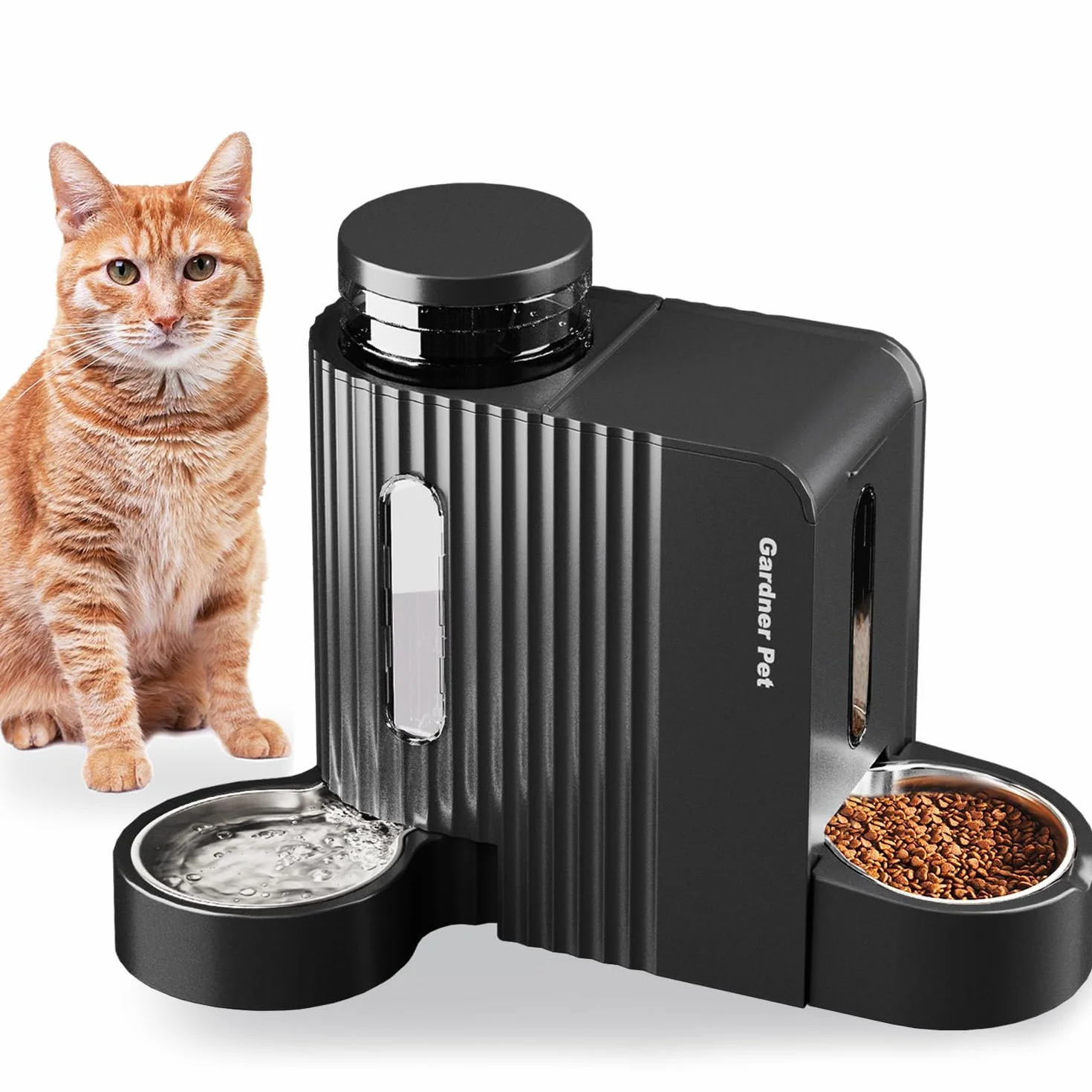 Gardner Pet 2 en 1 Comedero Gato Automatico (3L*2), Dispensador Comida y Agua, Bebedero Perro con Bol Acero Inoxidable, Dispensador Comida Gatos Gravedad,Sin BPA,No Eléctrico-Negro