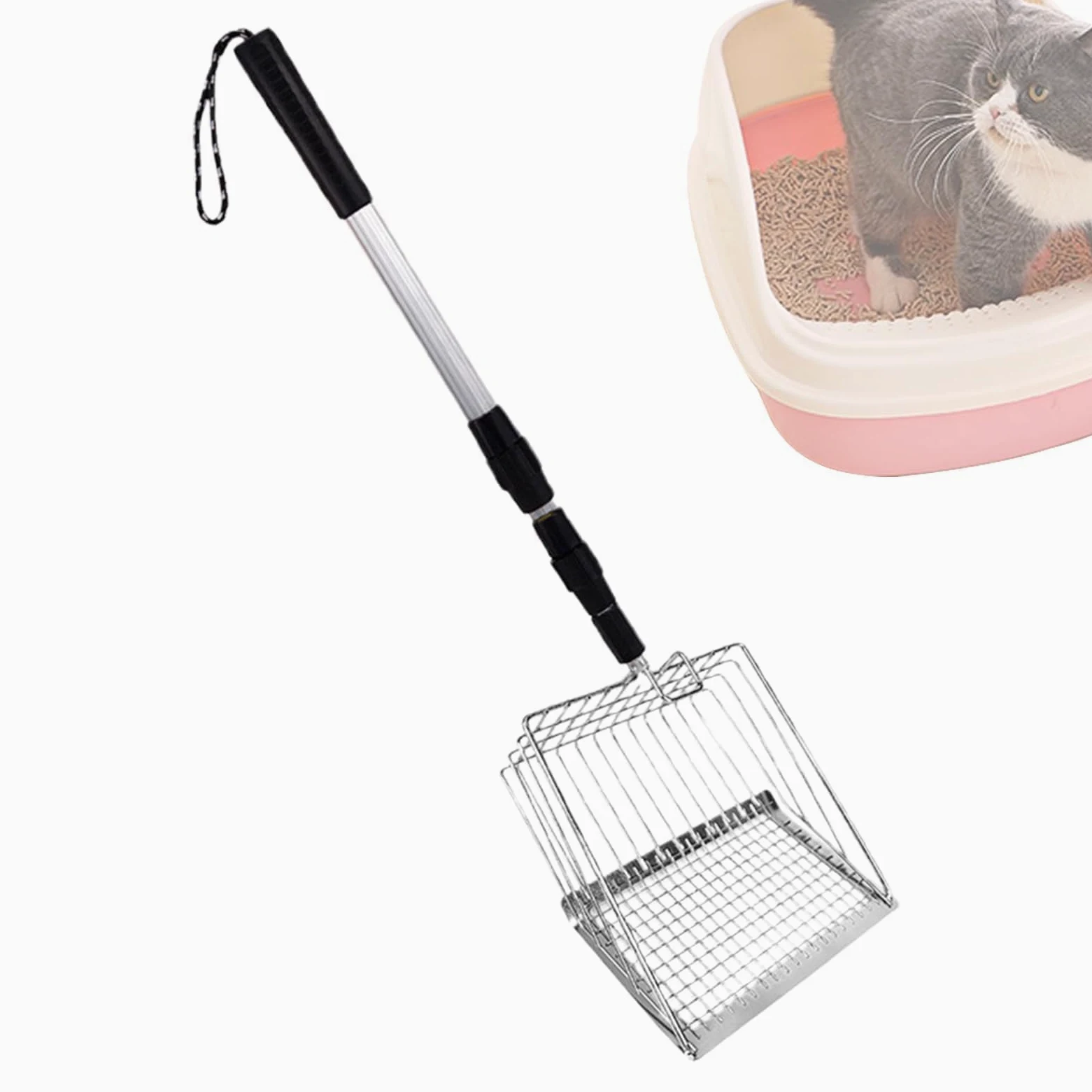 Cuchara de arena para gatos con tamiz profundo y mango largo para una fácil limpieza, ideal para gatos mayores y espacios pequeños