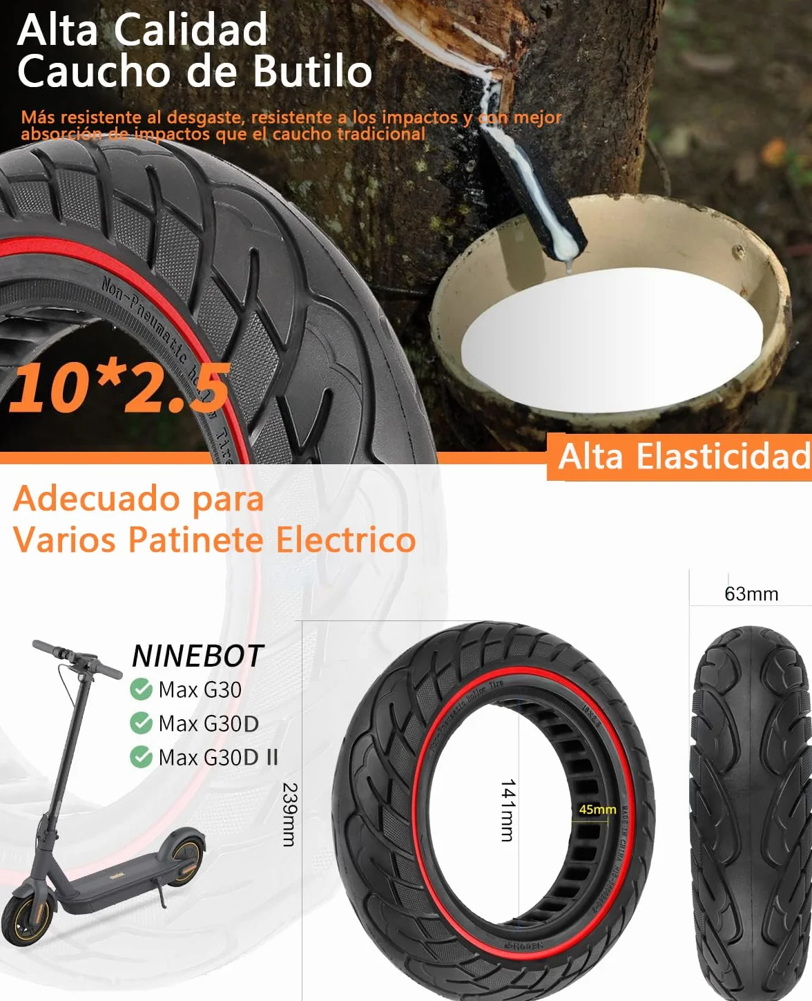 Neumáticos de Goma Maciza 60/70-6,5 10x2,5 para Segway Ninebot Max G30/G30E/G30LP Patinete Eléctrico Rueda de Repuesto Antipinchazo