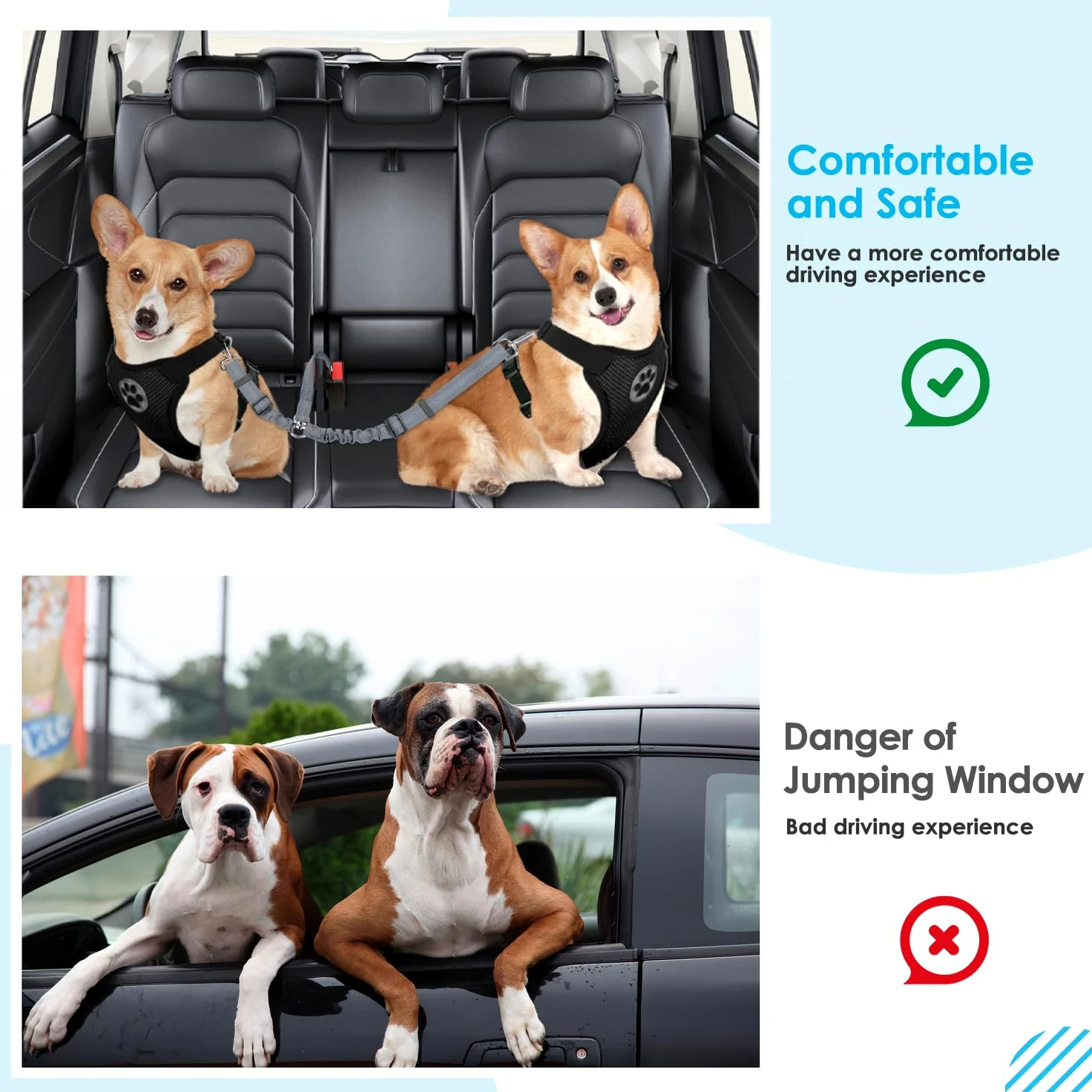 SlowTon - Cinturón de Seguridad Doble para Perro, con Doble acoplador Ajustable y elástico y Rayas Reflectantes para Dos Mascotas, para Viajes en Coche