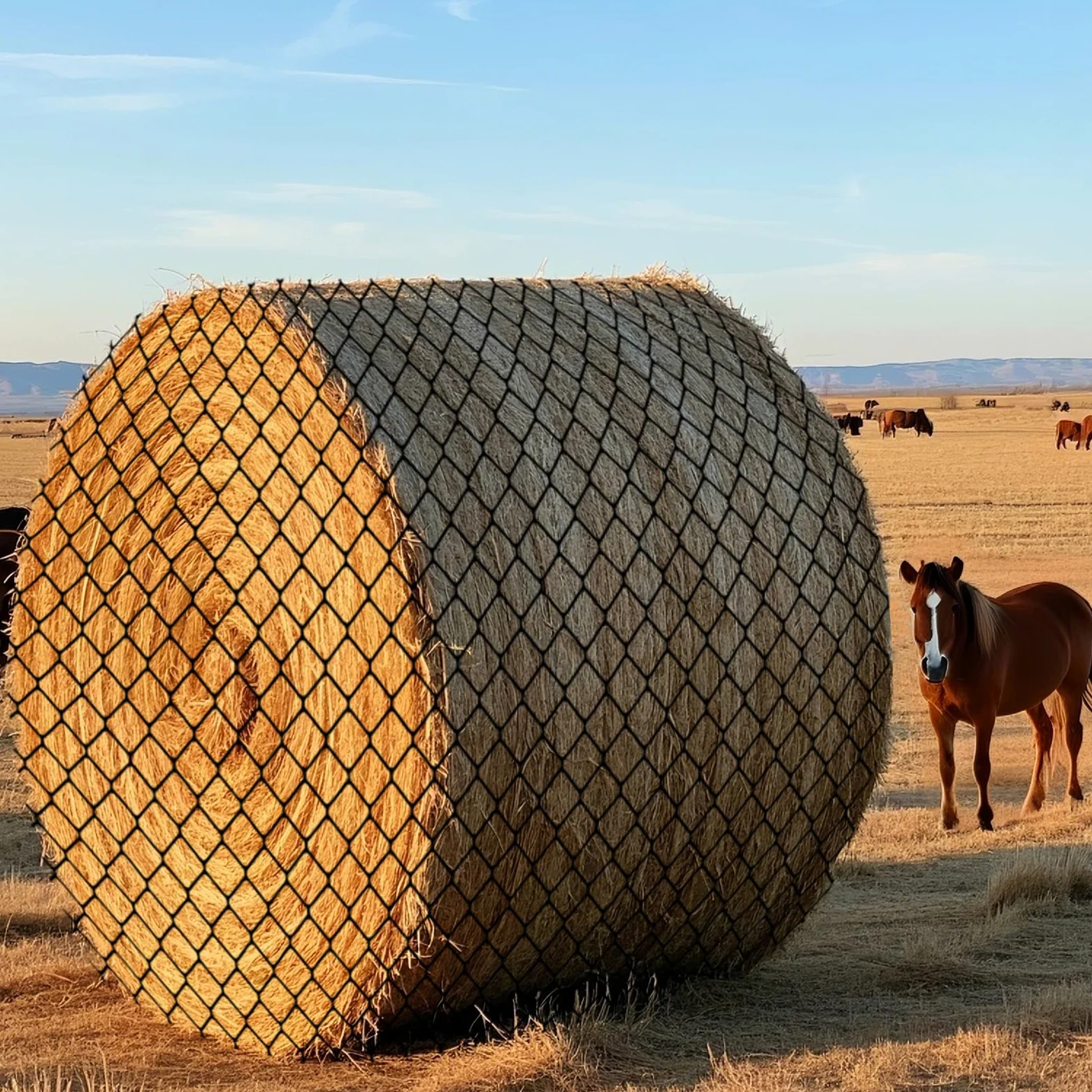 Red de heno redonda de 1,5 x 1,5 m, de nailon negro, sin nudos con agujeros de 1,75 pulgadas, redes de heno de alimentación lenta para caballos y cabras, solución de alimentación más saludable