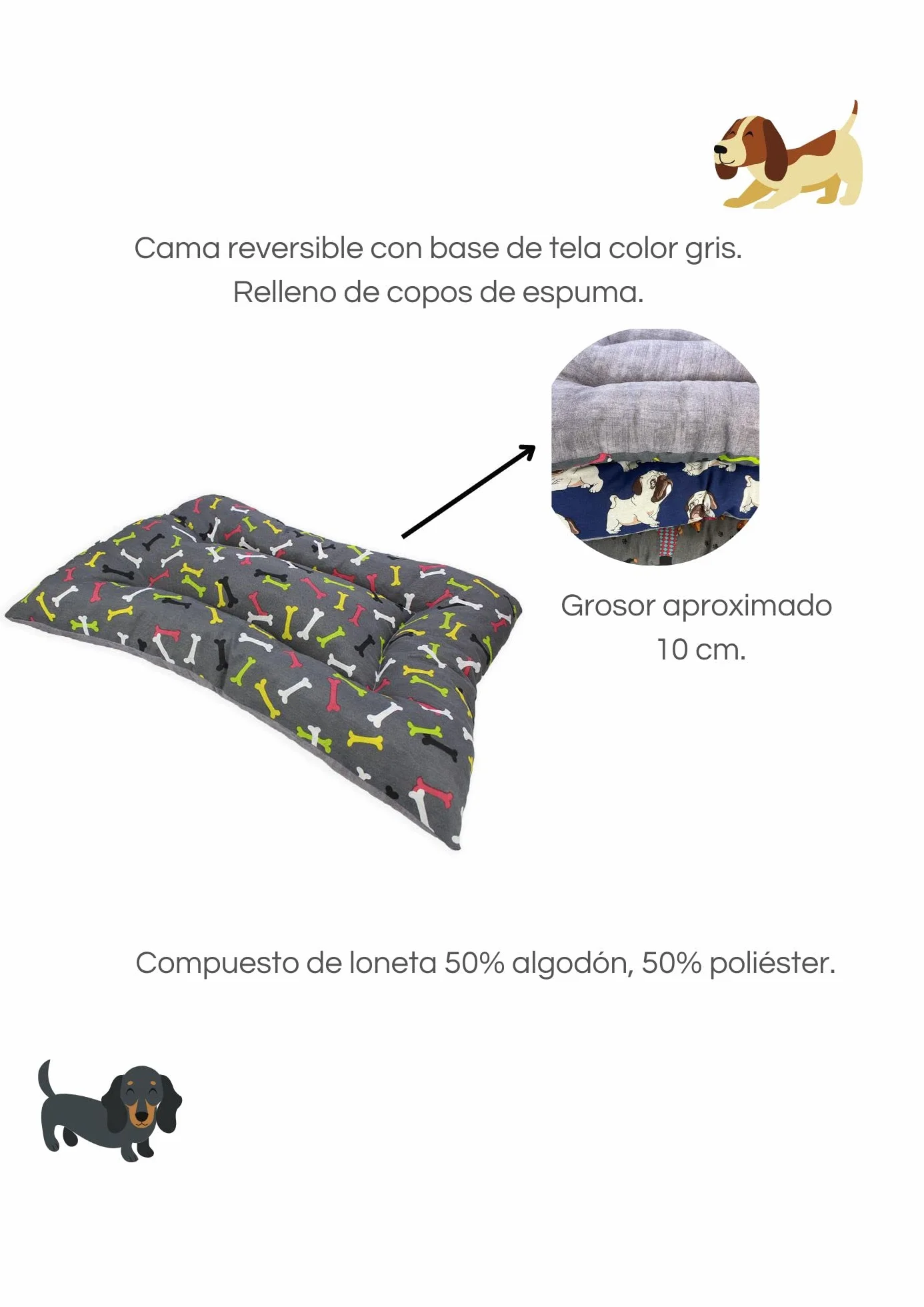 Acomoda Textil – Cama para Perros de Tela, Cama Perros Reversible y Lavable. Colchoneta Mascotas para Transportín y Hogar. (50x70, Huesos)