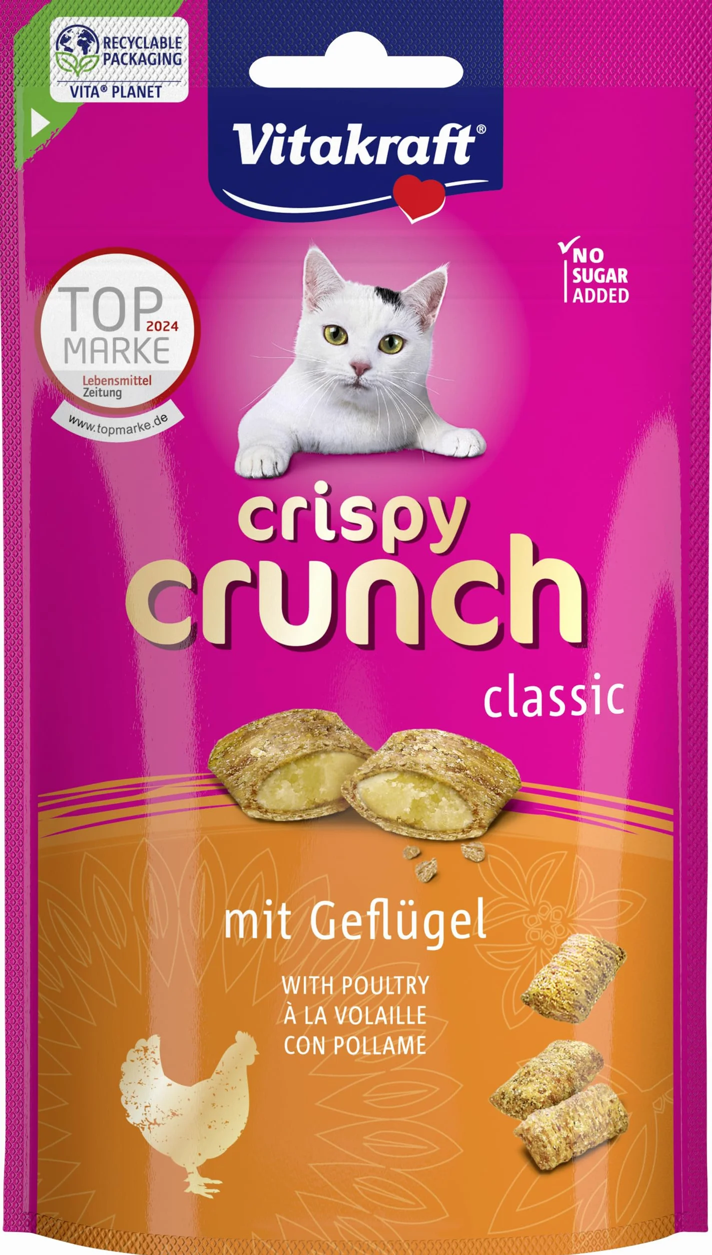Vitakraft Crispy Crunch Classic, golosina para gatos, snack crujiente relleno de ave, en bolsa resellable, sin azúcar añadido (1x 60g)