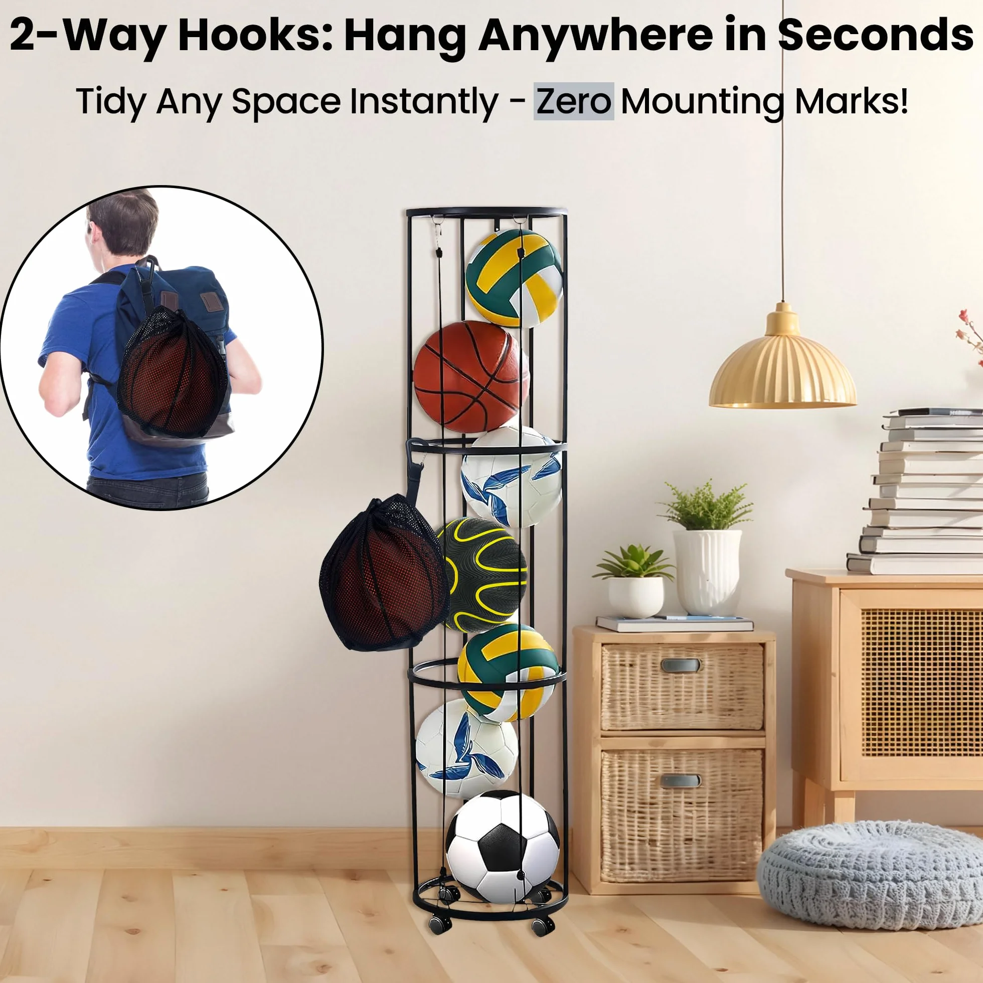 Estante para Pelotas de 3 Niveles con Ruedas, Soporte Extraíble con Red, Almacenamiento Deportivo para Voleibol, Baloncesto y Fútbol
