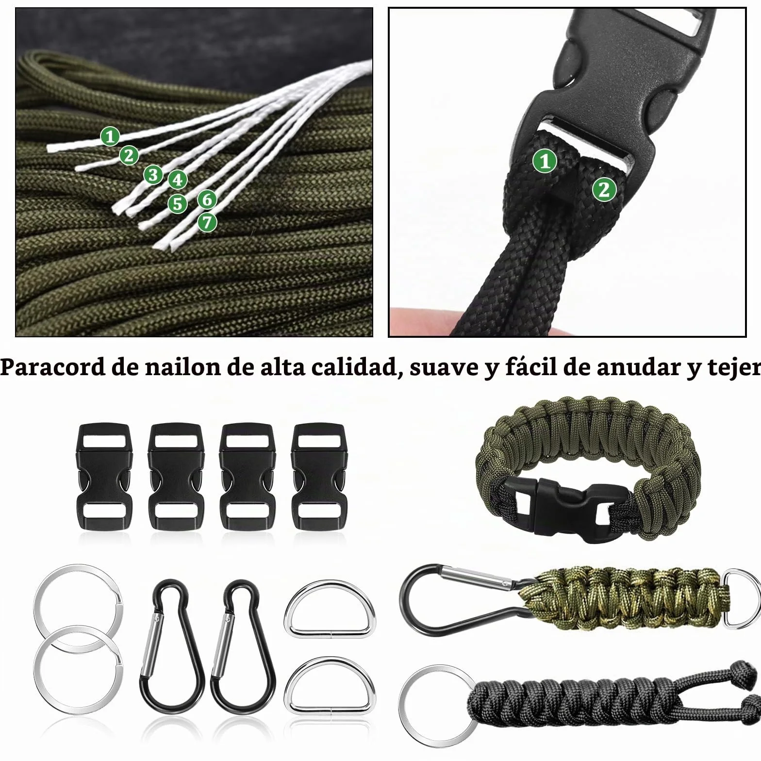 Paracord Pulsera Kit 15 Piezas 5 Rollos 33ft 10m 4mm Cuerda Nylon Hebillas Mosquetones Llaveros Manualidades Acampar