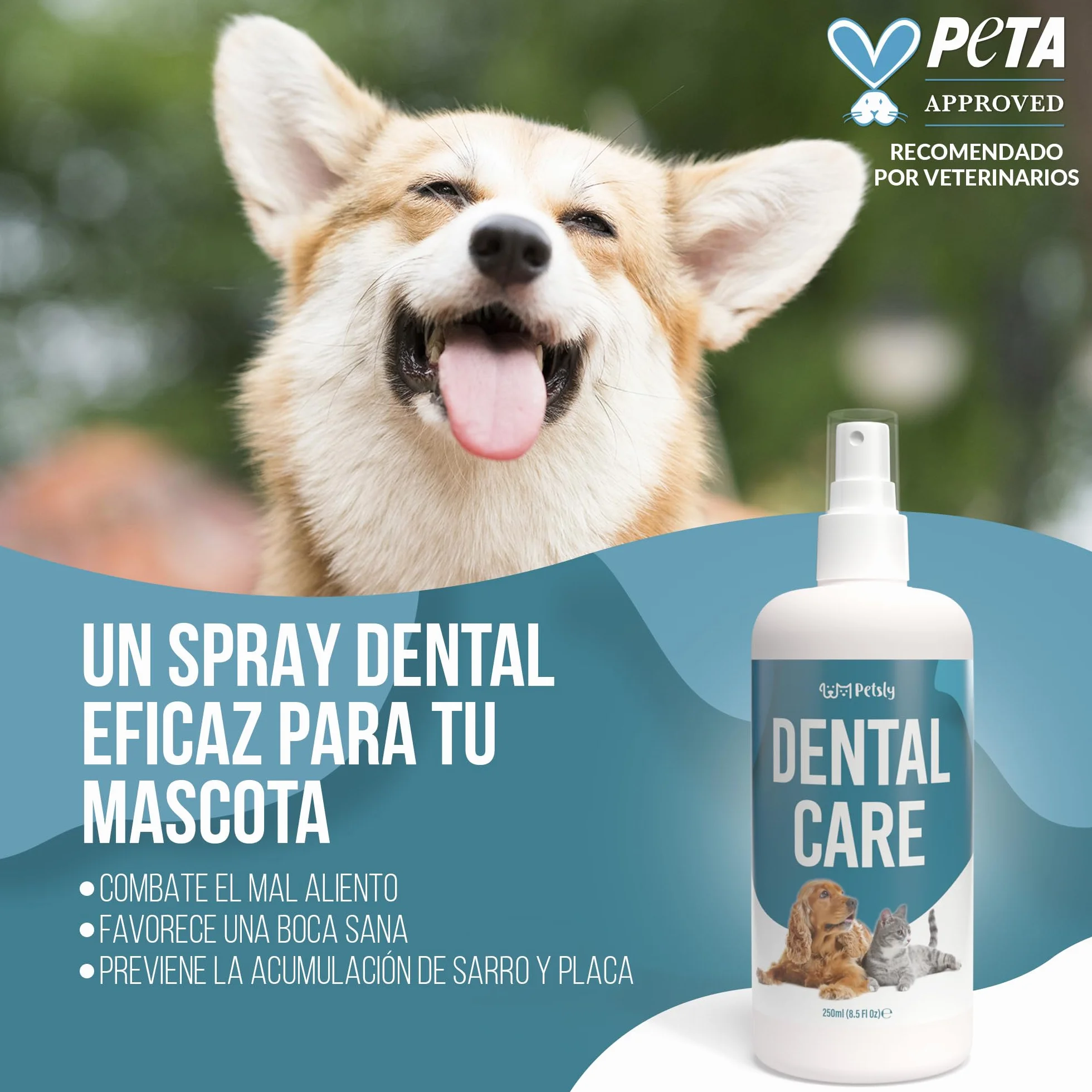 Petsly® Spray Dental Perros y Gatos - 250ml - Elimina el Mal Aliento, Reduce Sarro y Placa - Higiene Bucal sin Cepillado ni Enjuague - Ingredientes Naturales, Seguro si se Ingiere - Calidad Alemana