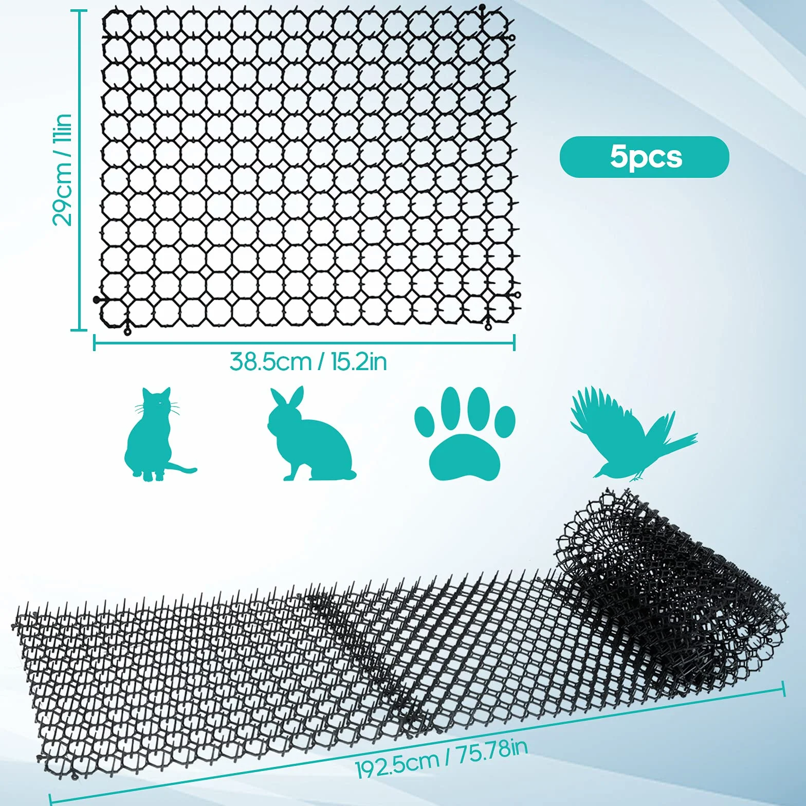 JONRRYIN Pinchos Anti Gatos, 5 Pcs Estera de Anti Gato, Estera de Espinas, Tiras De Espigas para Animales, Repelente para Disuasión para Defensa contra Gato y Proteger Las Plantas En Jardín (Negro)