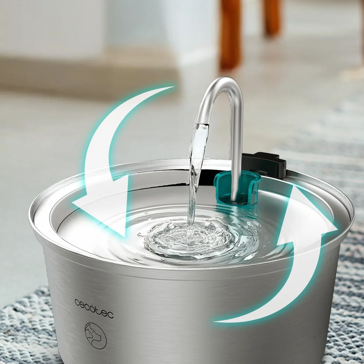 Cecotec Fuente para Gatos Automática Mascotas Pumba 3200 Refresh INOX. Capacidad de 3,2L, Acero Inoxidable, Filtro Alto Rendimiento, Silenciosa, Diseño de Cascada, IPX4, Fácil Limpieza