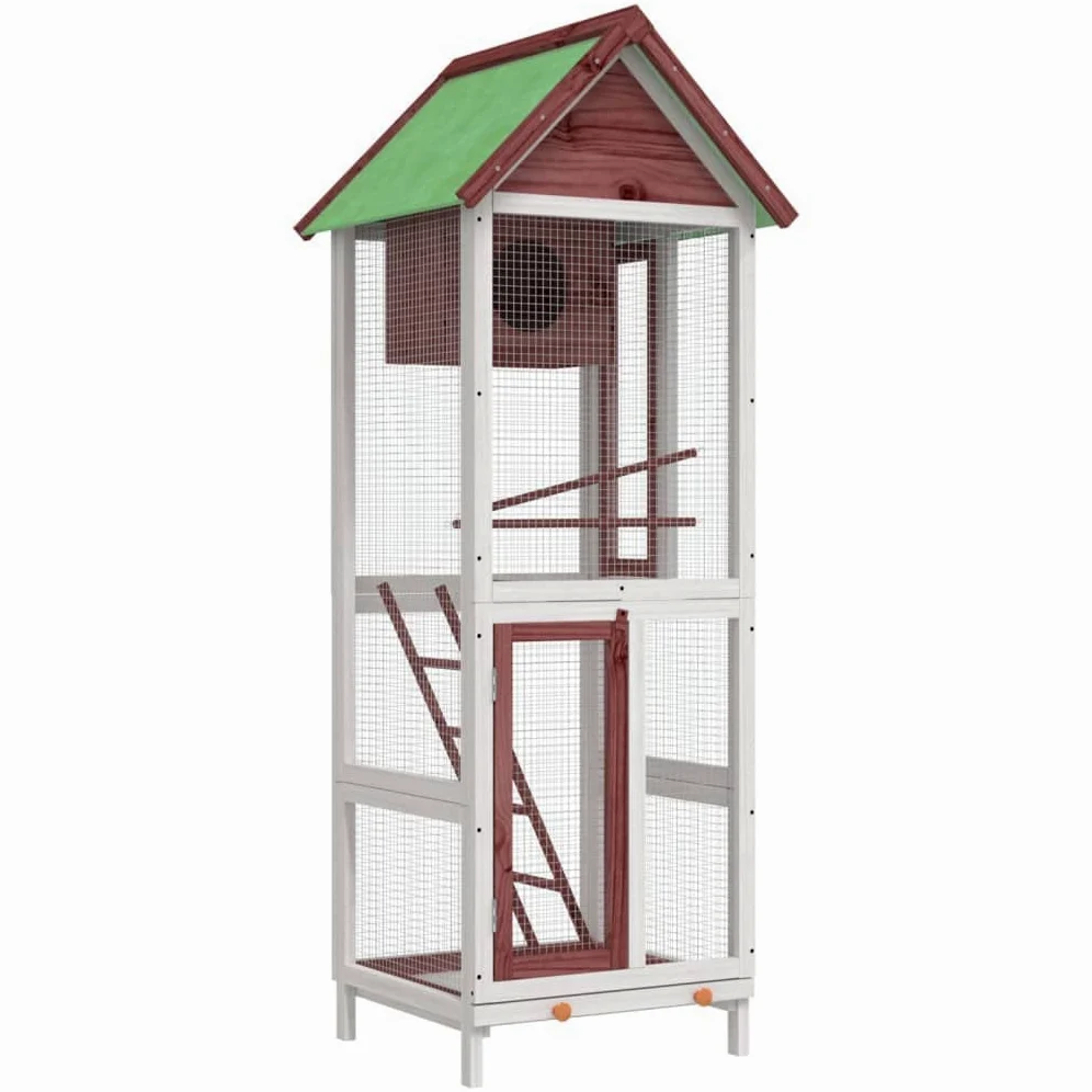 Pajarera de madera de pino maciza, 60 x 58,5 x 160 cm, con techo impermeable, nido y perchas, espacioso para loros, periquitos, canarios y como pajarera