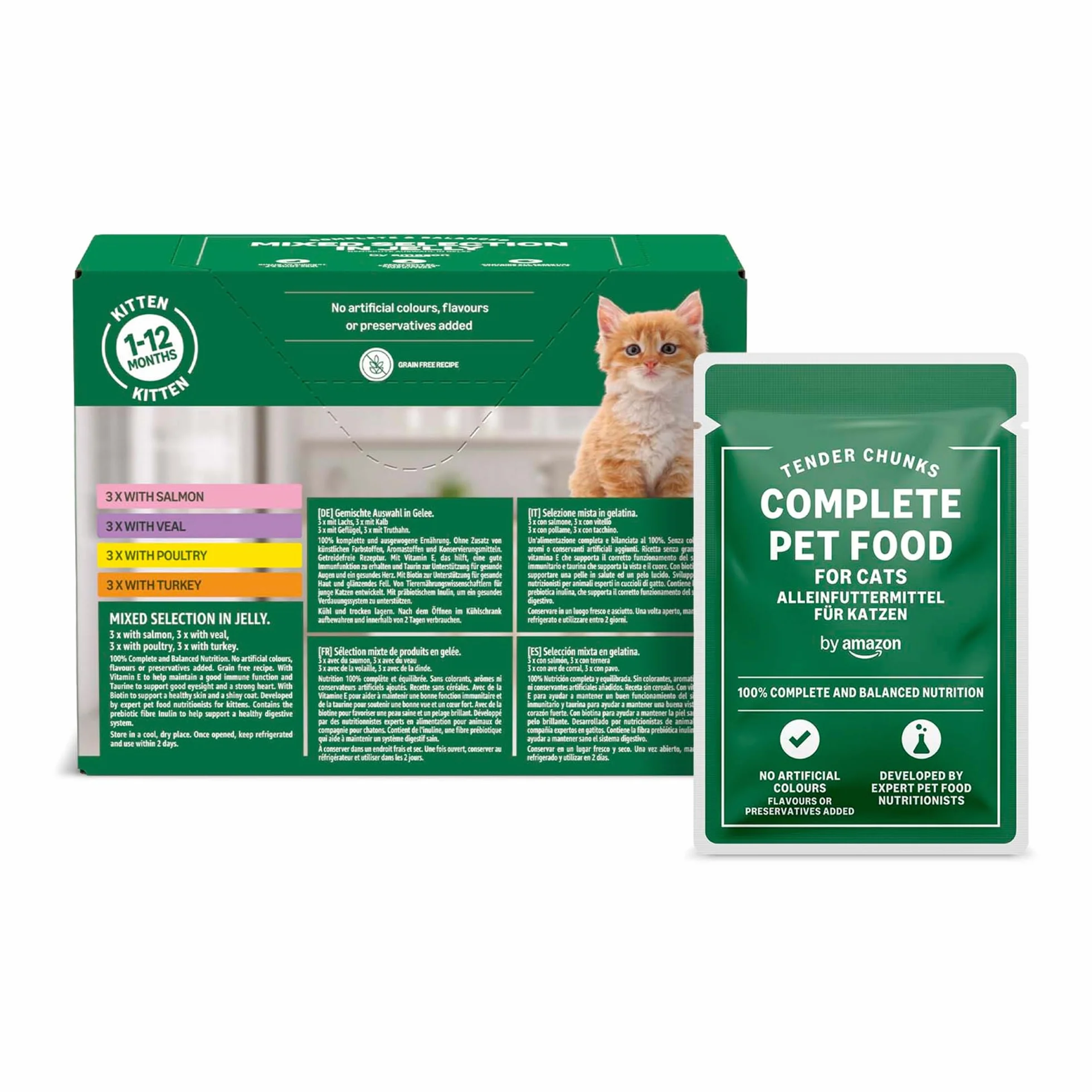 by Amazon Alimento Completo para Gatitos, Selección Mixta en gelatina, 1.2kg (12 bolsitas de 100g)