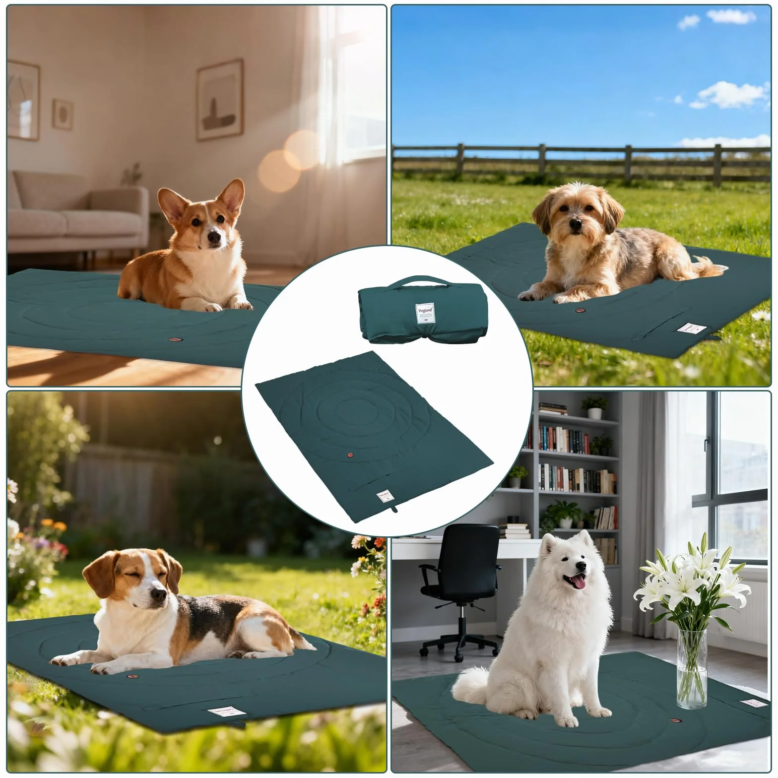 Colchoneta Plegable para Perros, 95 x 65 cm Lavable Impermeable Cama para Perros Grande y Mediana Cojín portátil para Perro y Gatos Manta de Viaje para Mascotas Colchón Multifunción (verde)