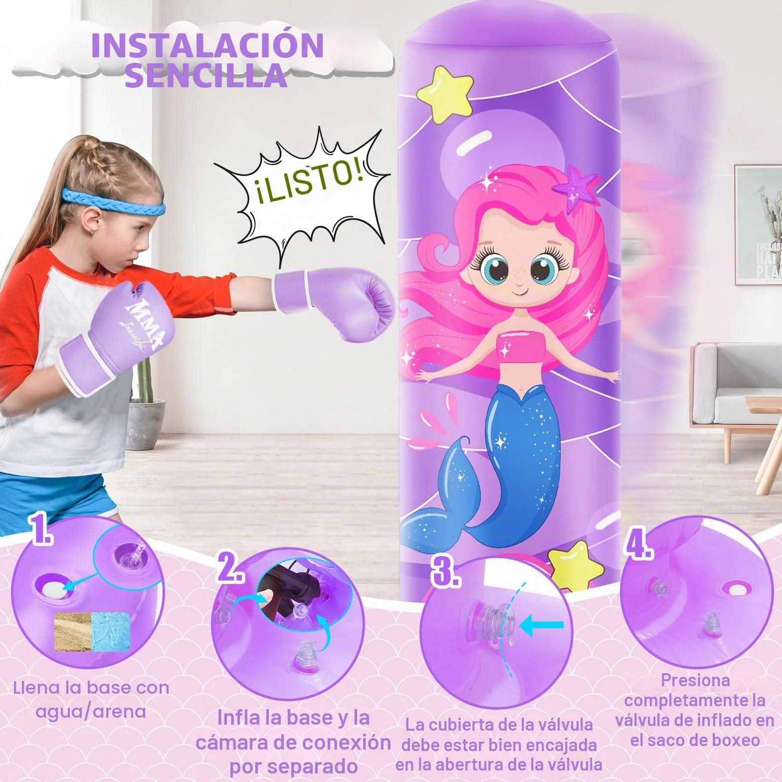 Saco de Boxeo Inflable Grande 168 cm para Niños 5-12 Años con Guantes, Set de Karate Taekwondo MMA