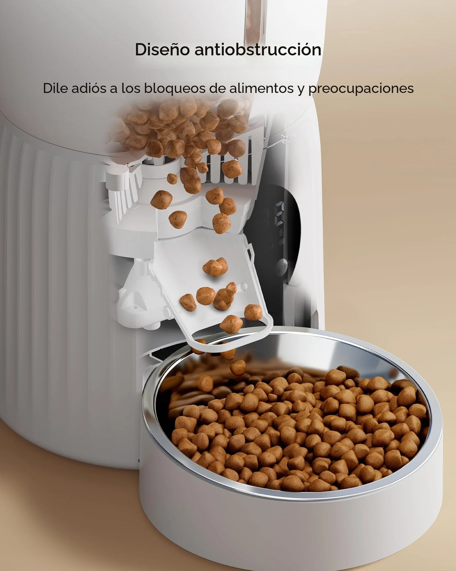 Comedero Gato Automatico, Faroro 4L Dispensador Comida Gatos/Perros con 1 a 6 Comidas Al Día, Control de Porciones, Voz 10s, Alimentación Lenta (Blanco)
