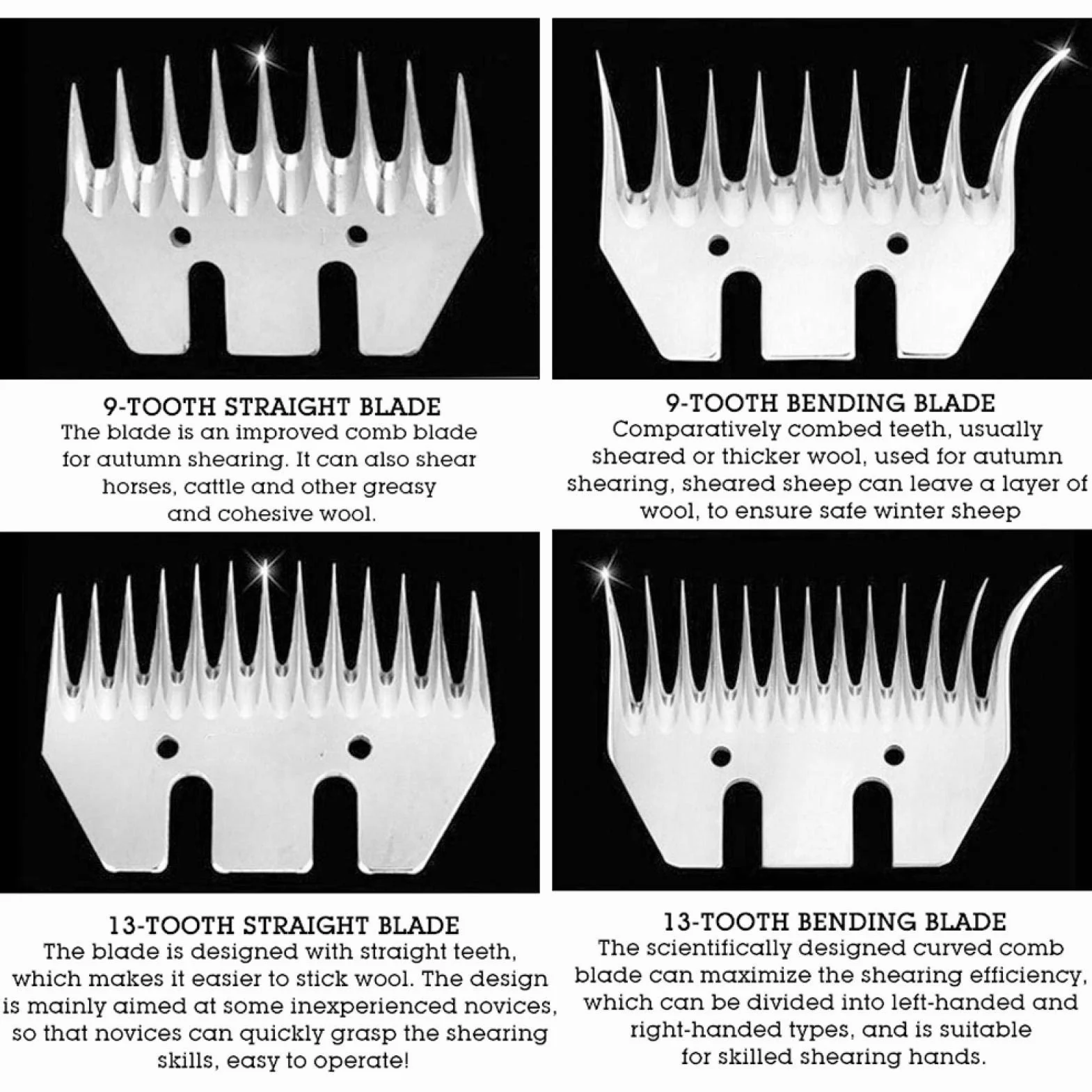 Cuchillas para tijeras para ovejas, cuchillas profesionales universales de acero inoxidable para cortadora de 9/13 dientes, cuchillas rectas / curvas, cuchillas de repuesto(Hoja recta de 13 dientes)