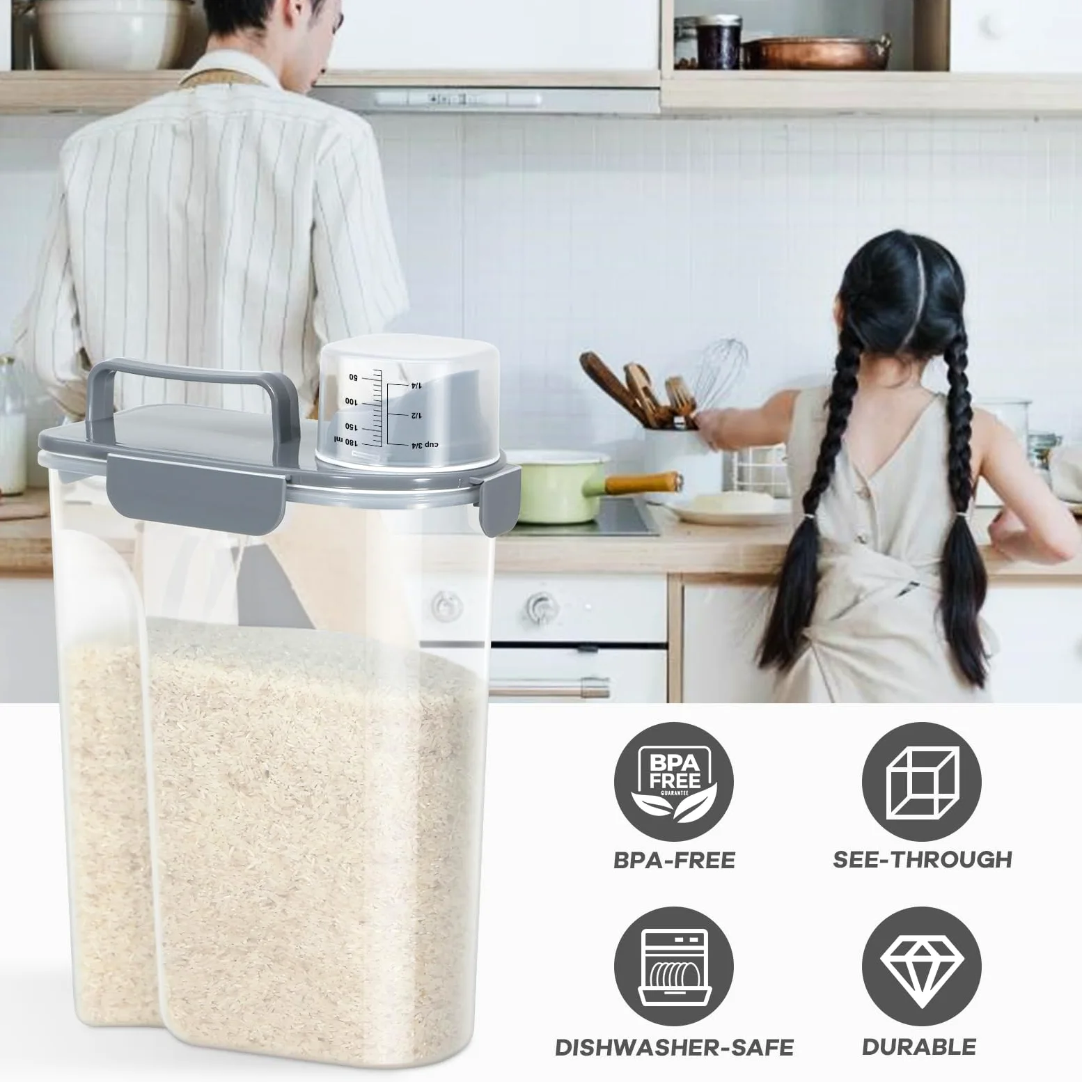 TBMAXS Contenedor de almacenamiento de arroz de 10 libras, dispensador hermético de alimentos con boquilla grande y taza para almacenamiento de alimentos de mascotas, perros, gatos, 7 libras
