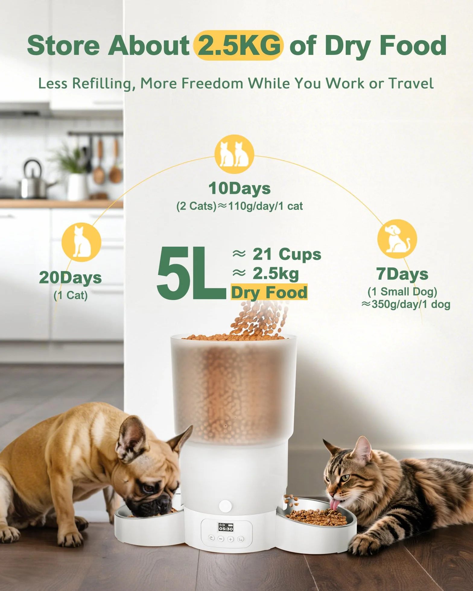 Gimars 5L Comedero Gato Automatico 2 Cuencos Inoxidables, Fácil De Configurar, Temporizador Programable 1-6 Comidas al Día Dispensador Comida Gatos y Perro en Diseño Sellado, Grabación Voz 10s