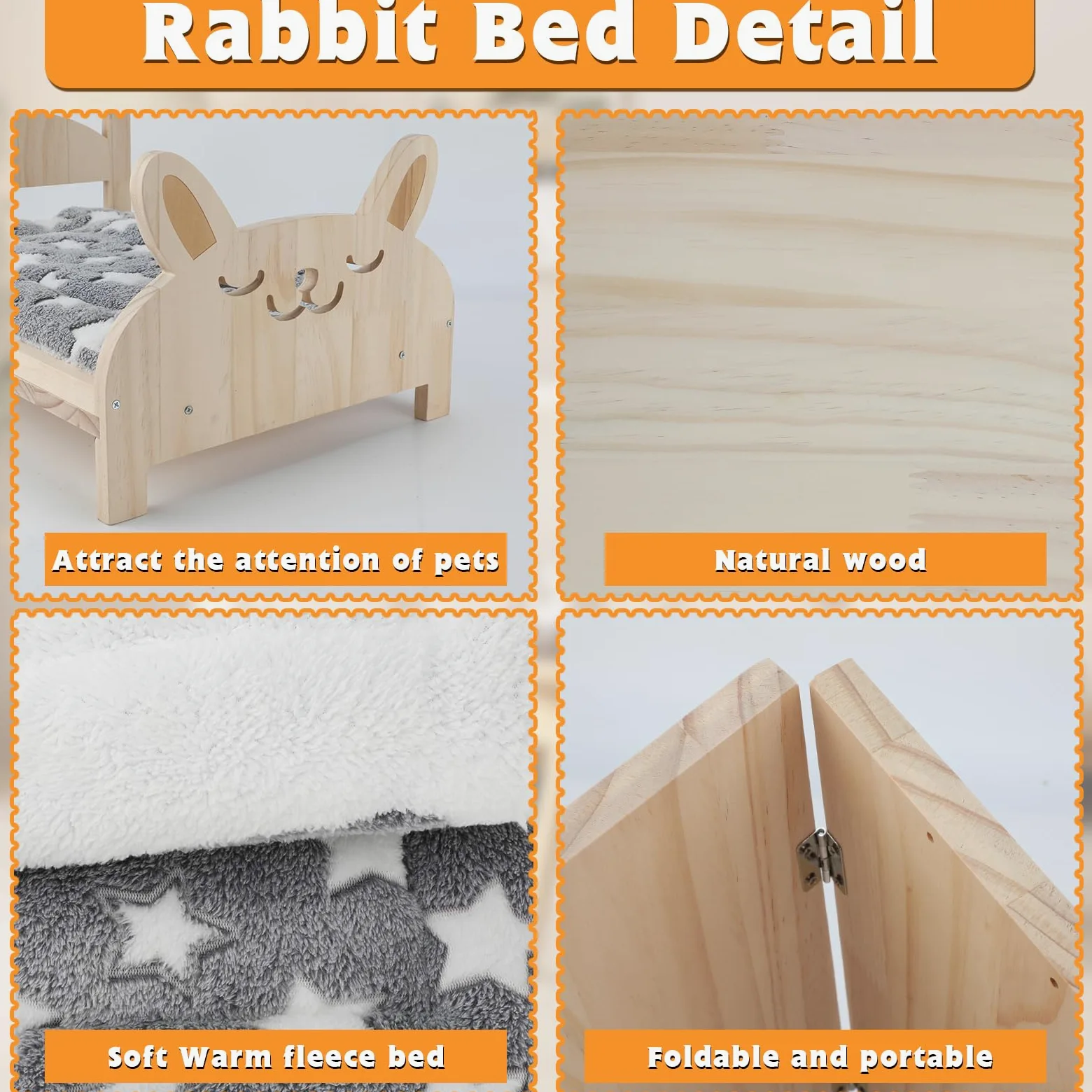 BWOGUE Cama grande de madera para conejos, cama plegable 2 en 1 para mascotas con cojín extraíble, cama de animales pequeños para conejos, conejos, cobayas, gatitos, cachorros, hábitat para dormir