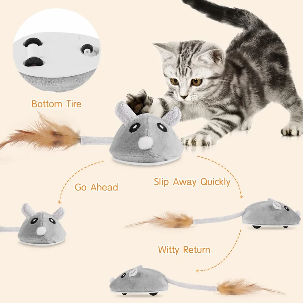 Ratón de Juguete Eléctrico, Juguete Eléctrico para Gatos Peluche Ratones, Inteligente Automático Ratones de Juguete para Gatos con Cola Emplumada, Carga USB Ratones Juguete de Gato Interactivo