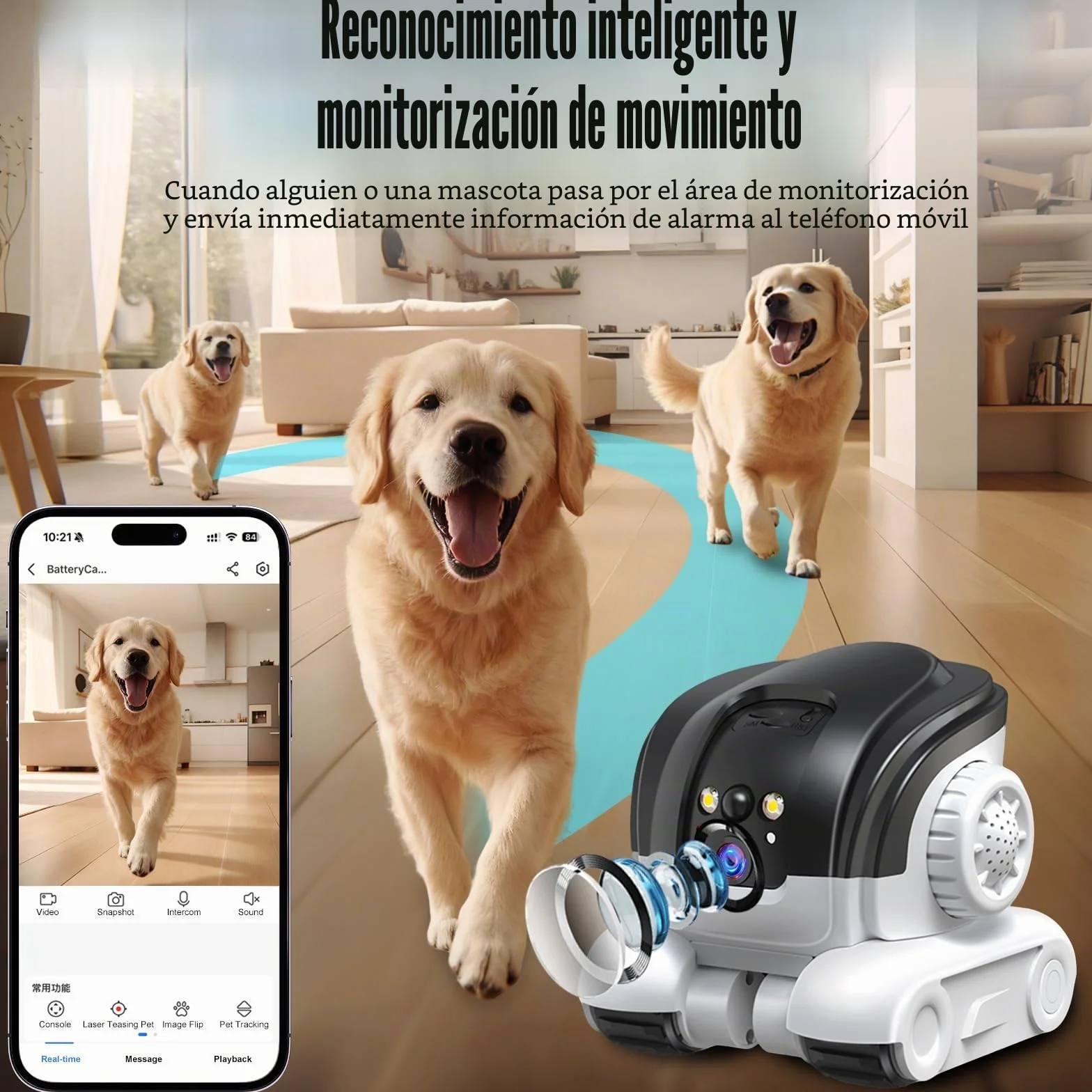 Robot Camera, 1080P Duales Cámara Robot para Mascotas con Audio 2 vías, Visión Nocturna, Reconocimiento de Movimiento, Grabación de vídeo, Control de Aplicaciones para Gatos, Perros, Bebé