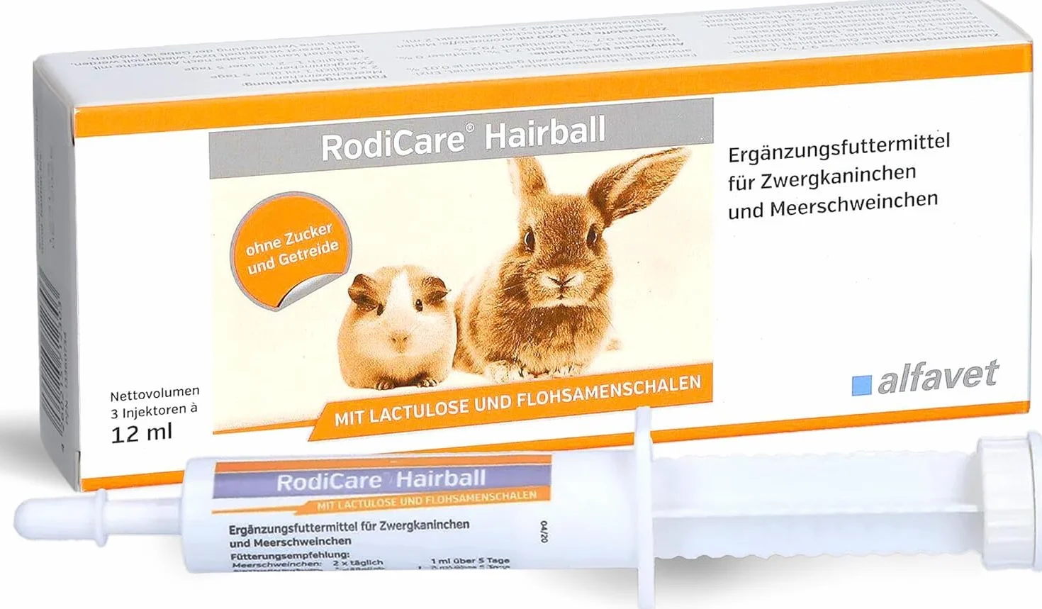 Alfavet RodiCare Hairball - alimento complementario para Conejos Enanos y cobayas - Ayuda a Eliminar Las Bolas de Pelo - 3 inyectores de 12 ml