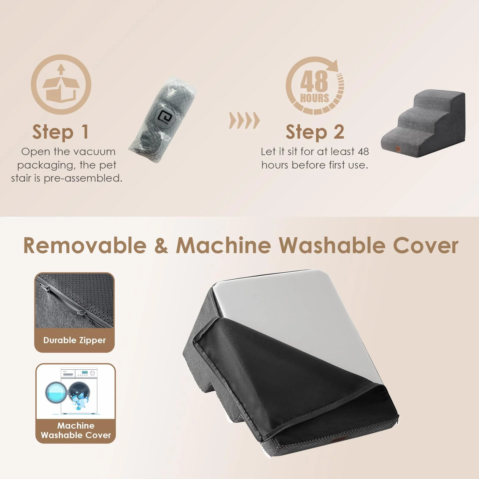 EHEYCIGA Escalera para Perros Pequeños 3 Peldaños, 40x57x40 cm, Rampa para Perros de Espuma para Cama, Escalera para Mascotas Mayores con Funda Lavable y y Fondo Antideslizante, Gris
