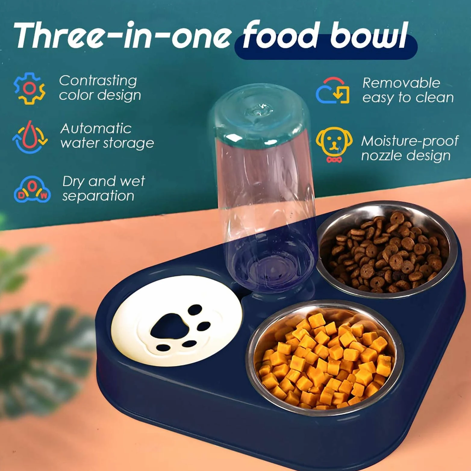 comederos para Mascotas, Comedero for Gatos de Acero Inoxidable 3 en 1, Doble, con depósito automático de Agua for Perros y Gatos.(Blue)